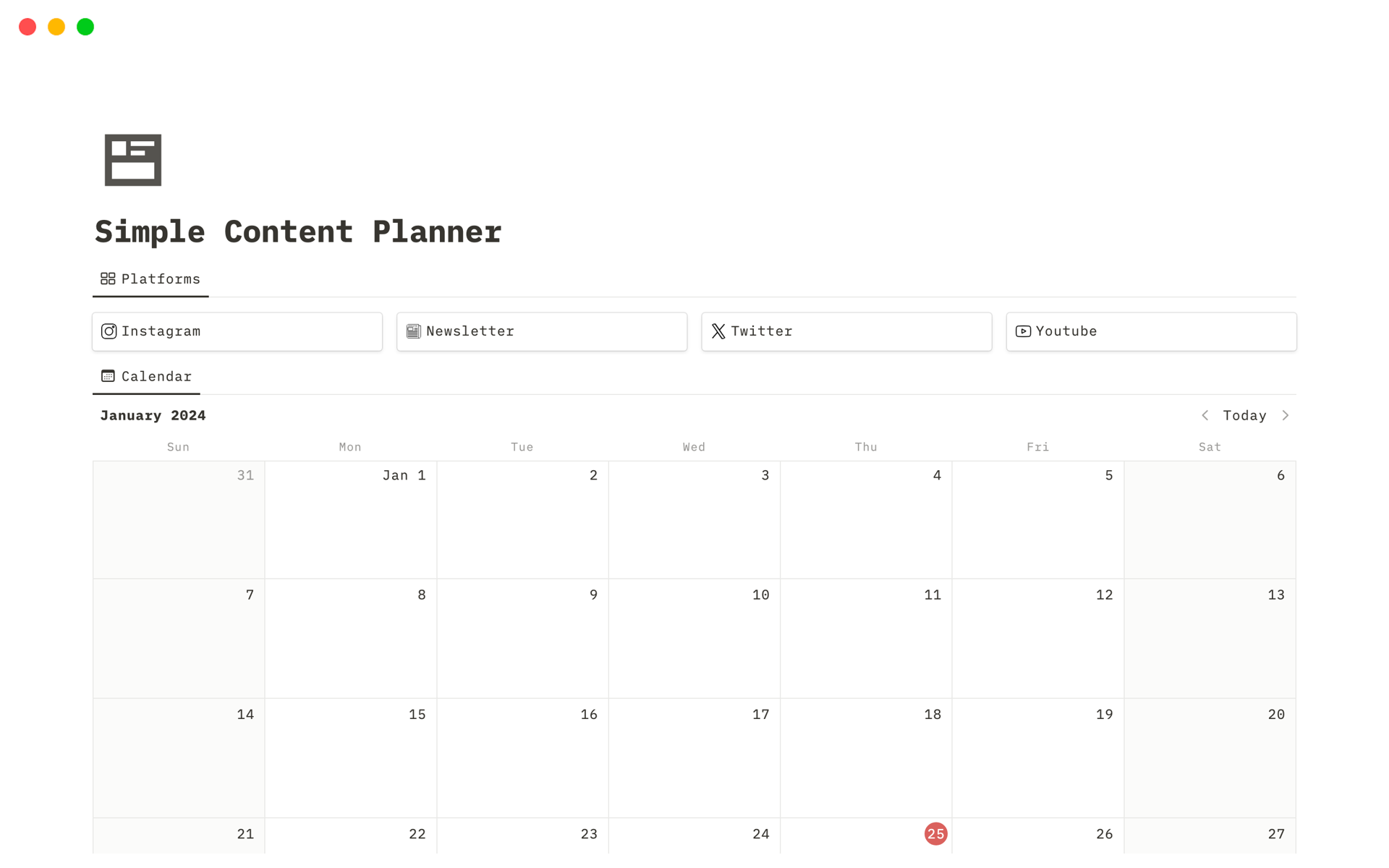 Eine Vorlagenvorschau für Simple Content Planner