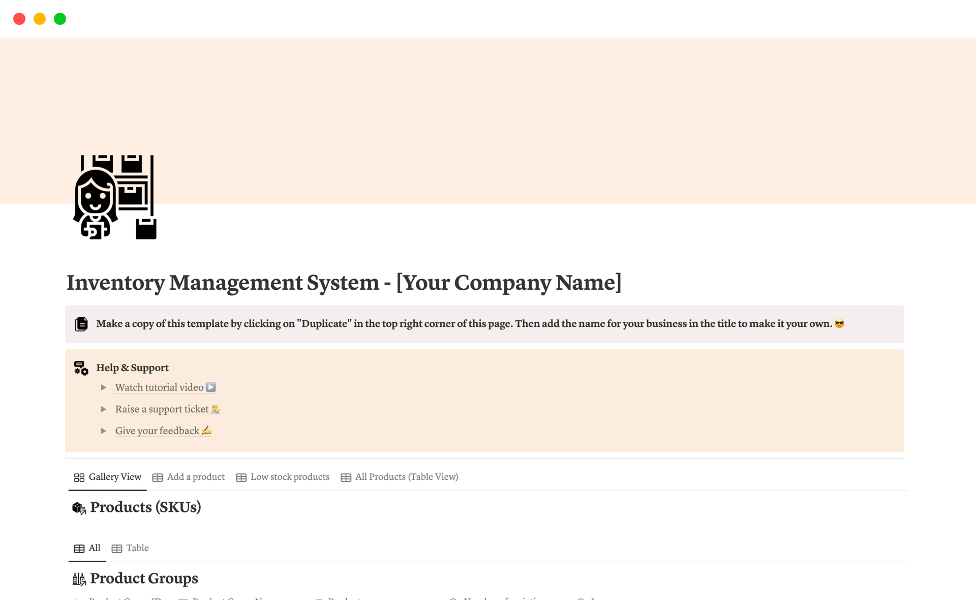A template preview for Inventory Management System - [Your Company Name]