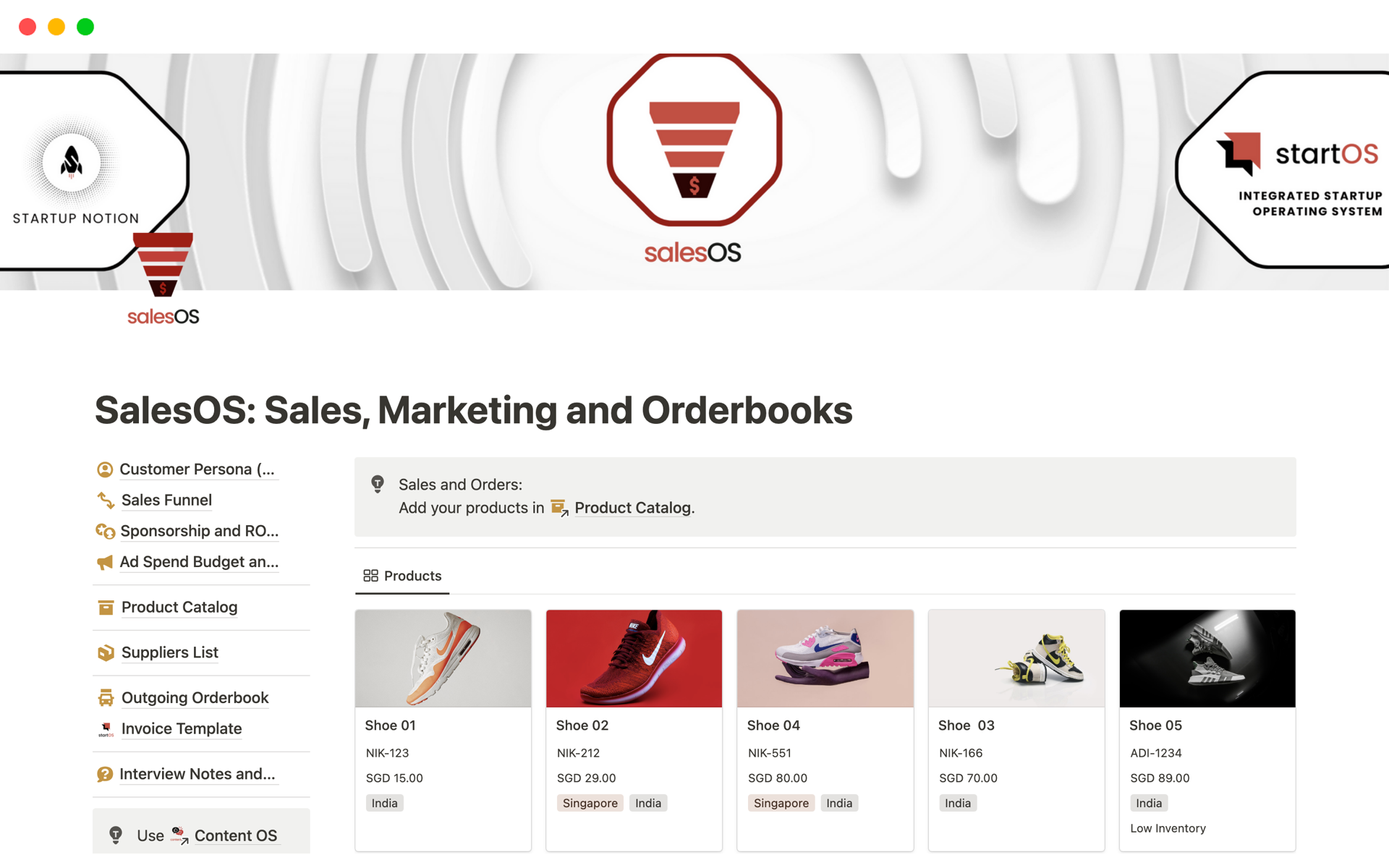 A template preview for SalesOS: Sales, Marketing and Orderbooks