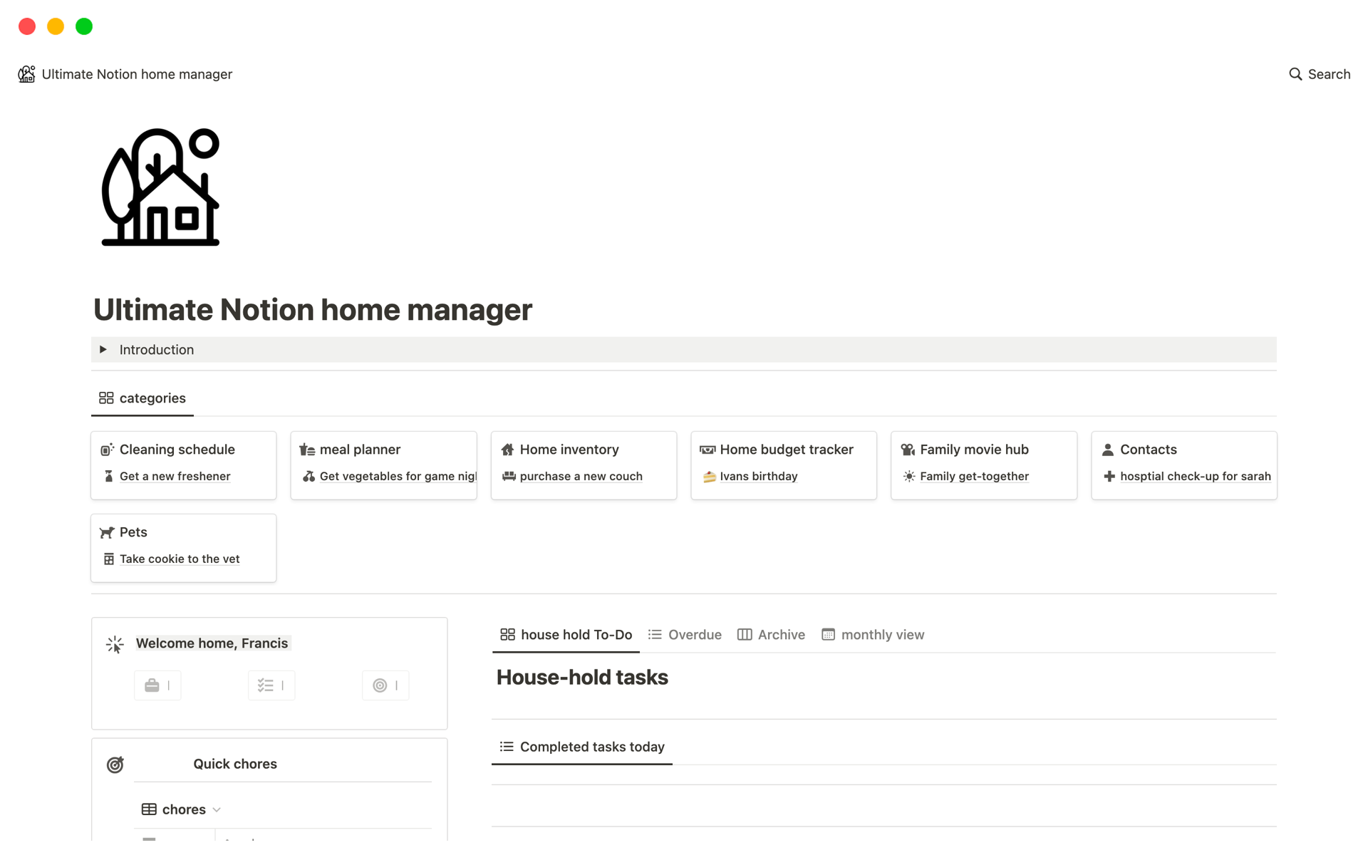 A template preview for Ultimate Notion home manager