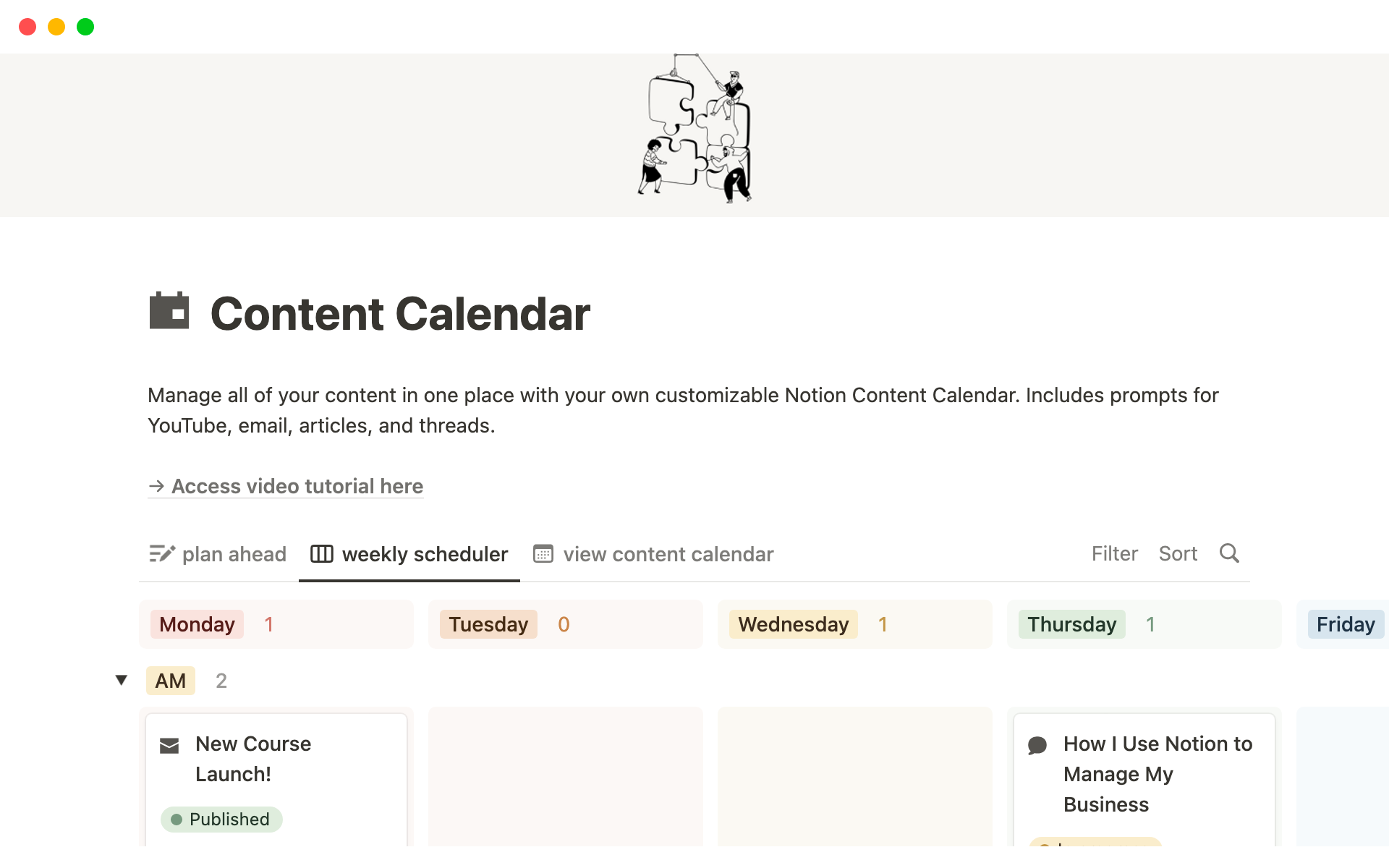Eine Vorlagenvorschau für Content Calendar