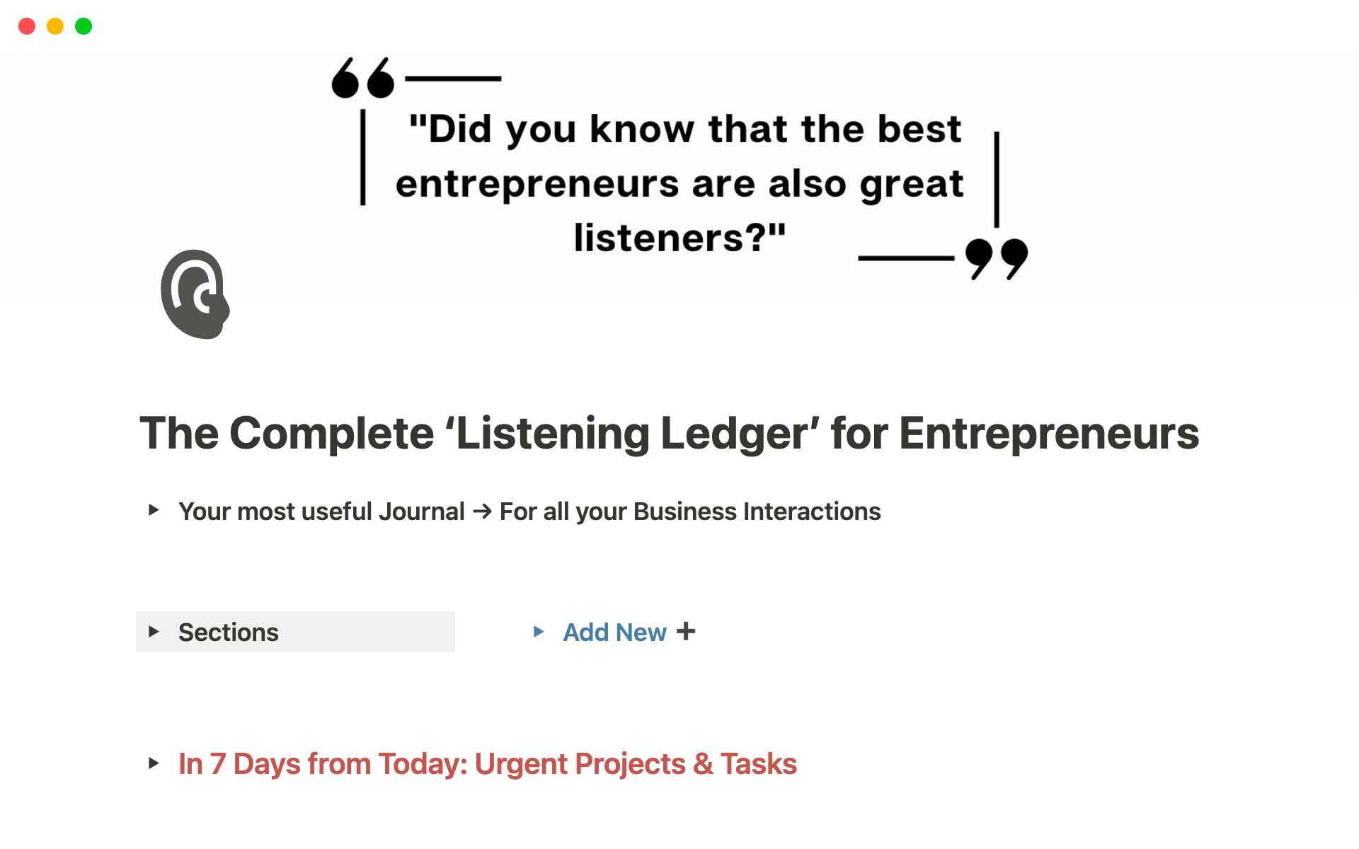 It is a comprehensive Notion template designed to help entrepreneurs and leaders track and analyze their business interactions, capture their contacts, projects and tasks - basically everything in and around business interactions