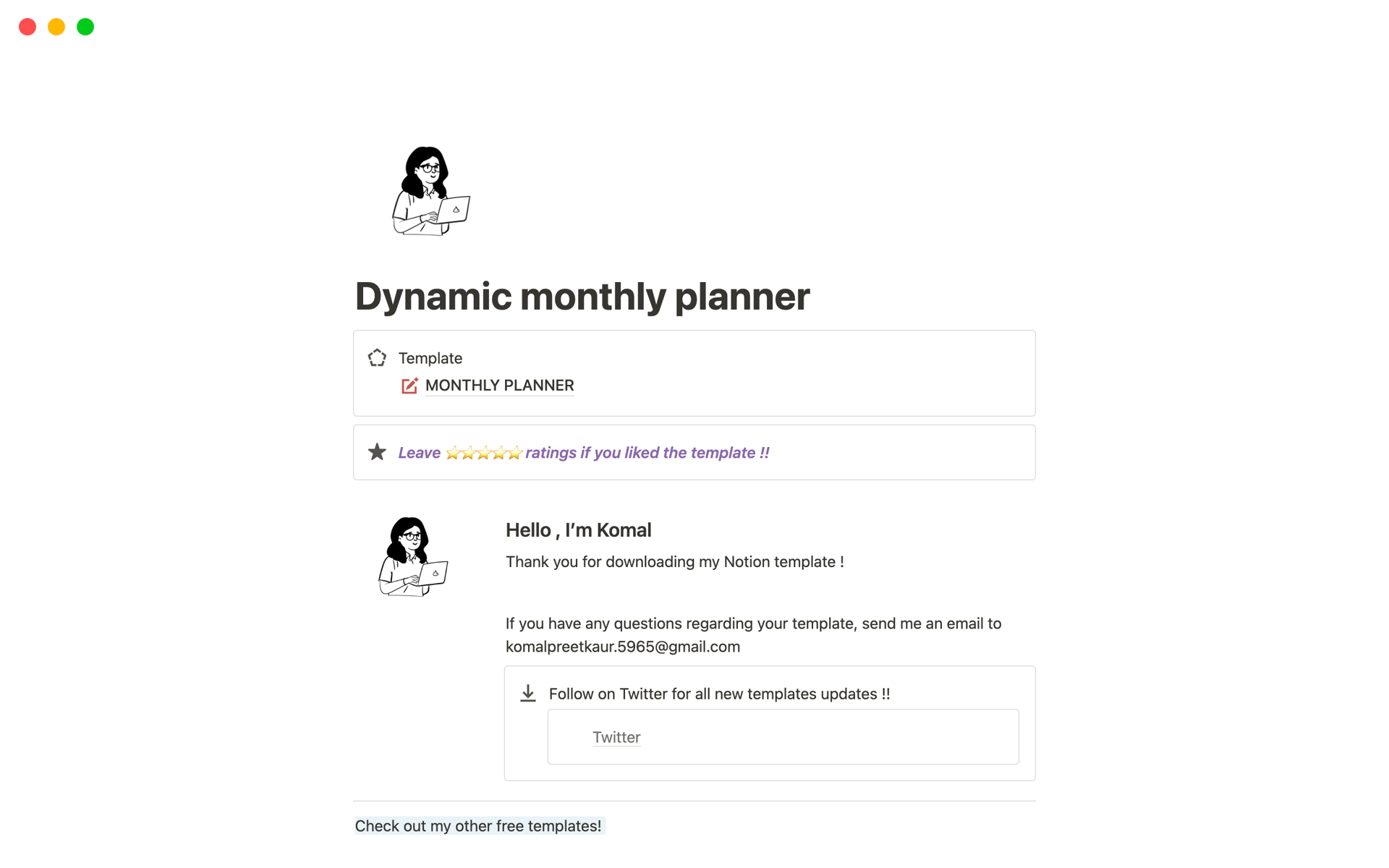 A template preview for Dynamic monthly planner