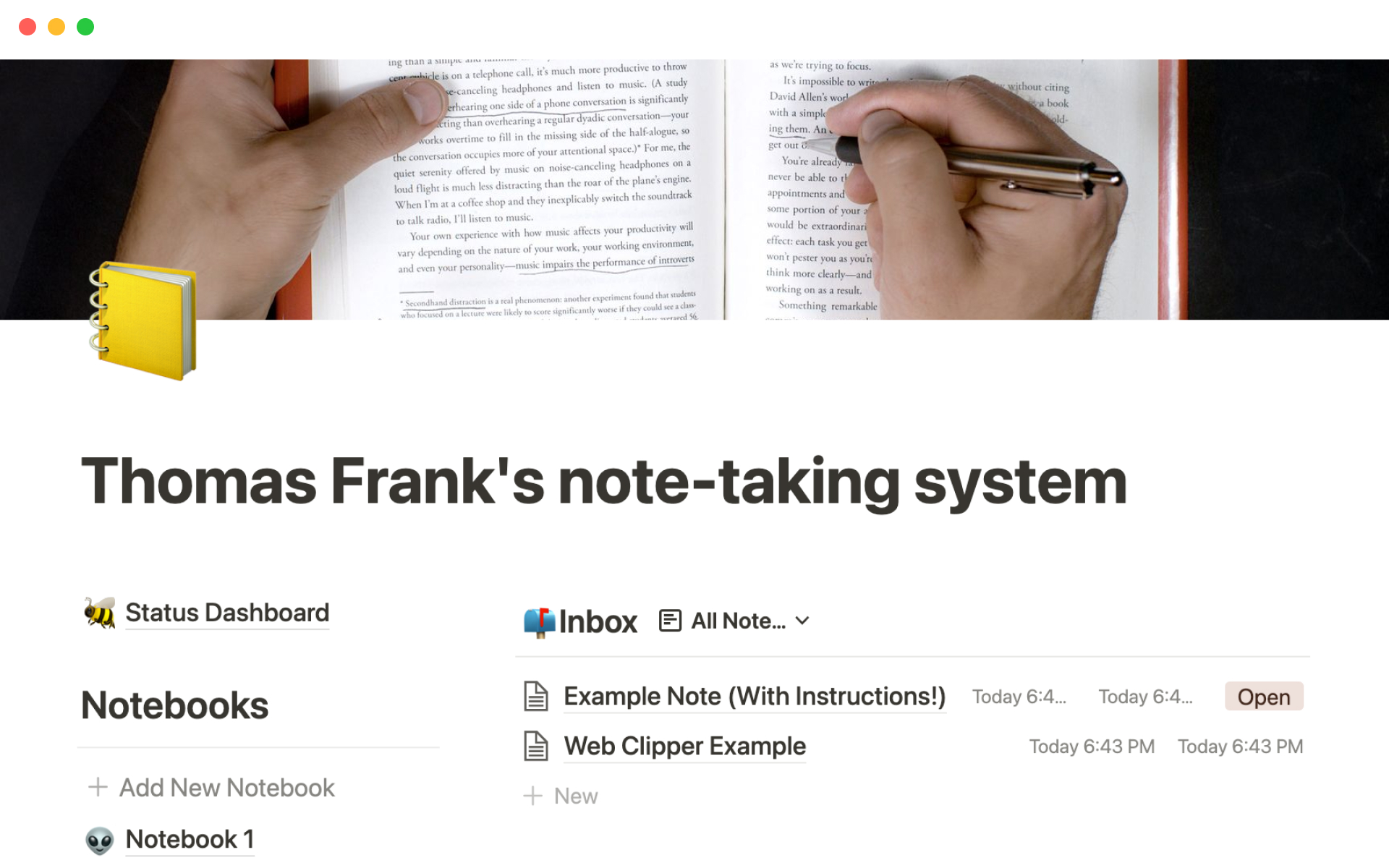 A template preview for Thomas Frank's note-taking system