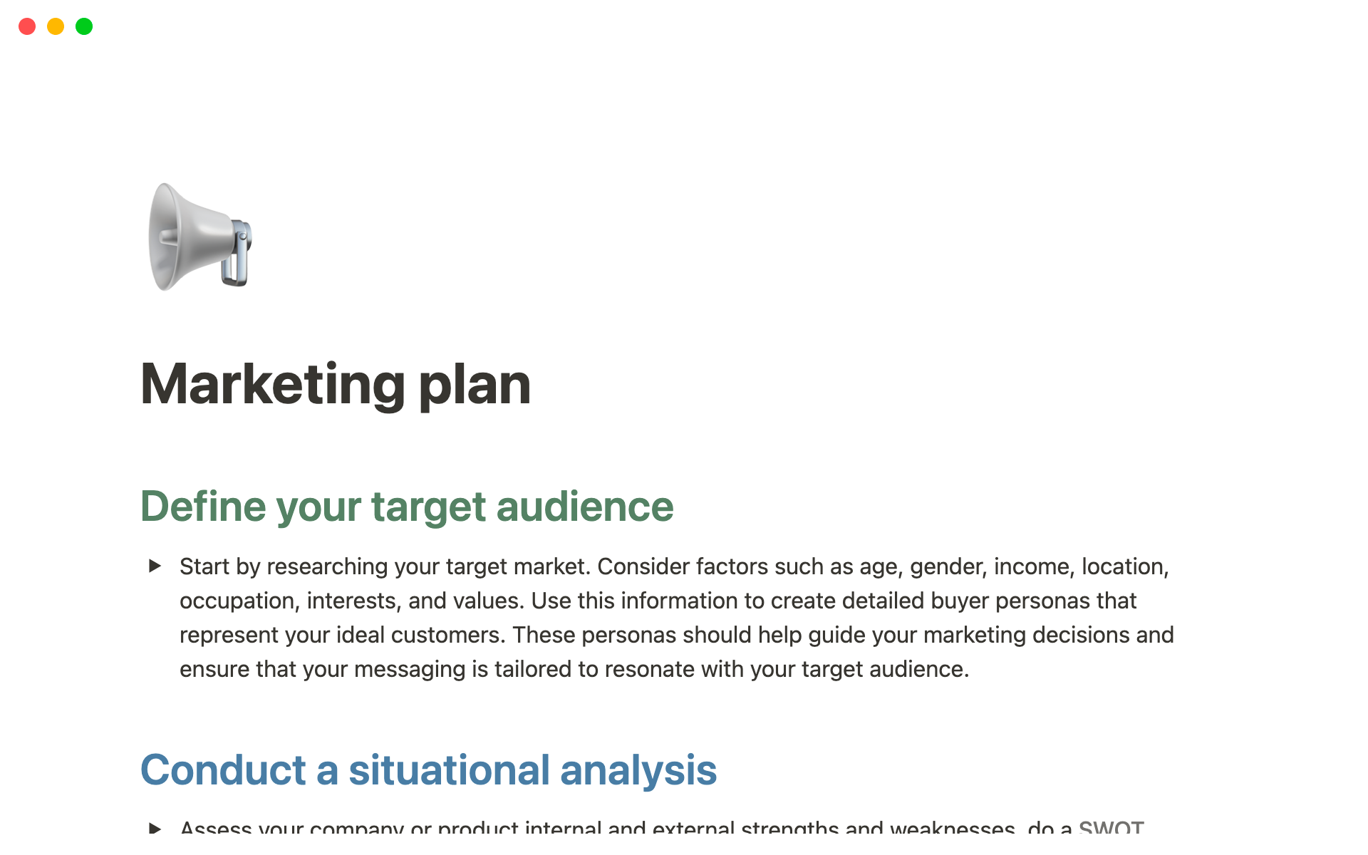 A template preview for Marketing plan template