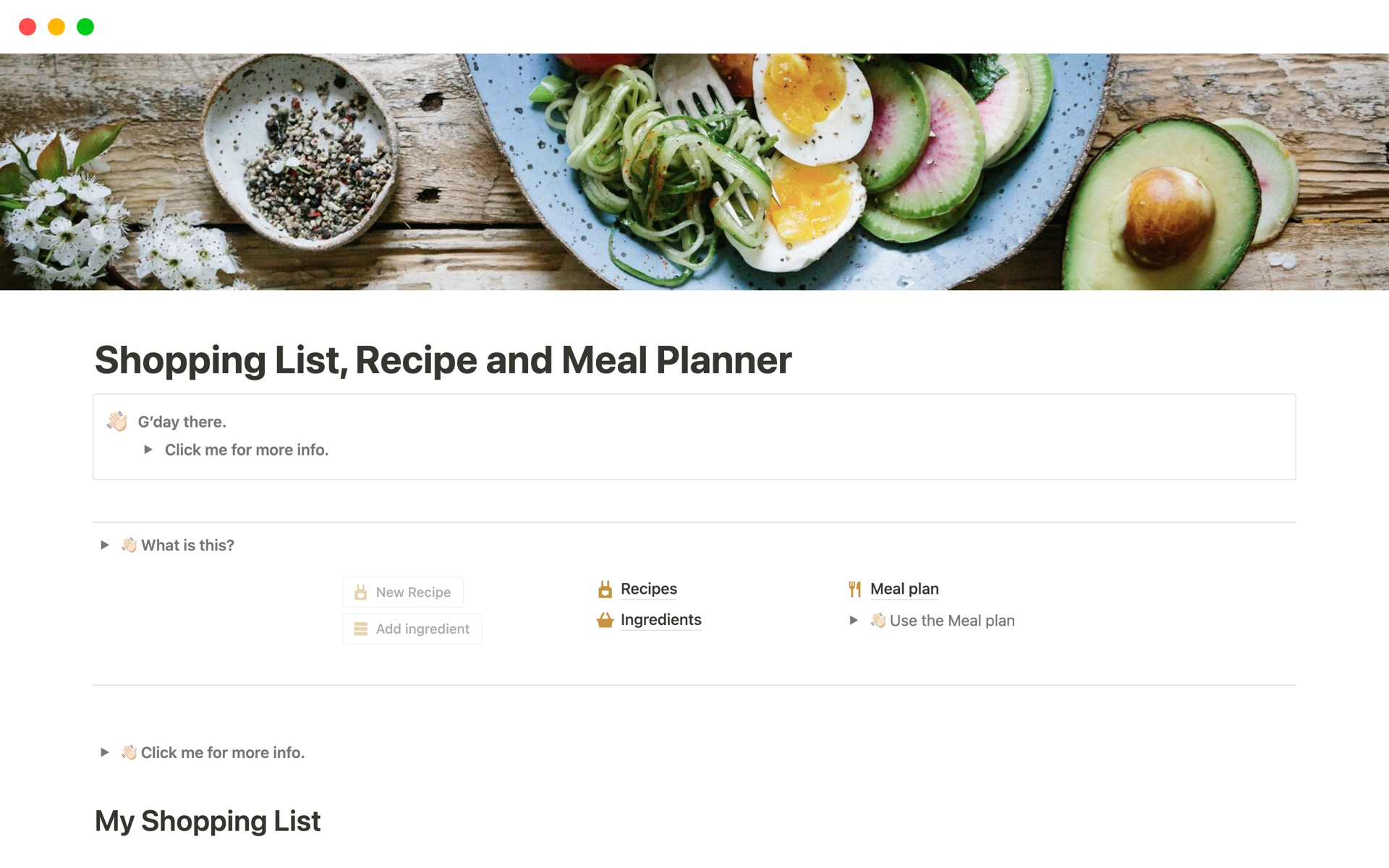 A template preview for Shopping List, Recipe and Meal Planner