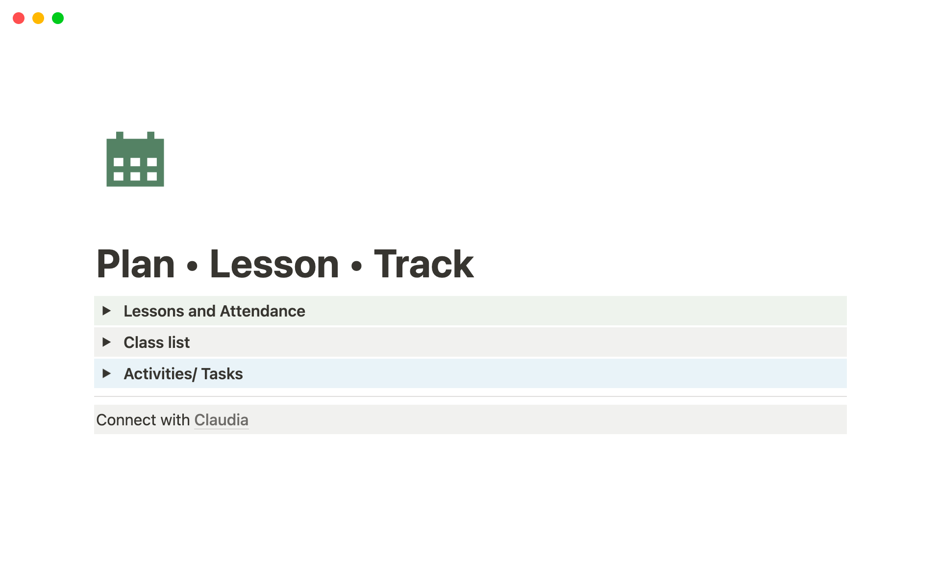 A template preview for Plan * Lesson * Track
