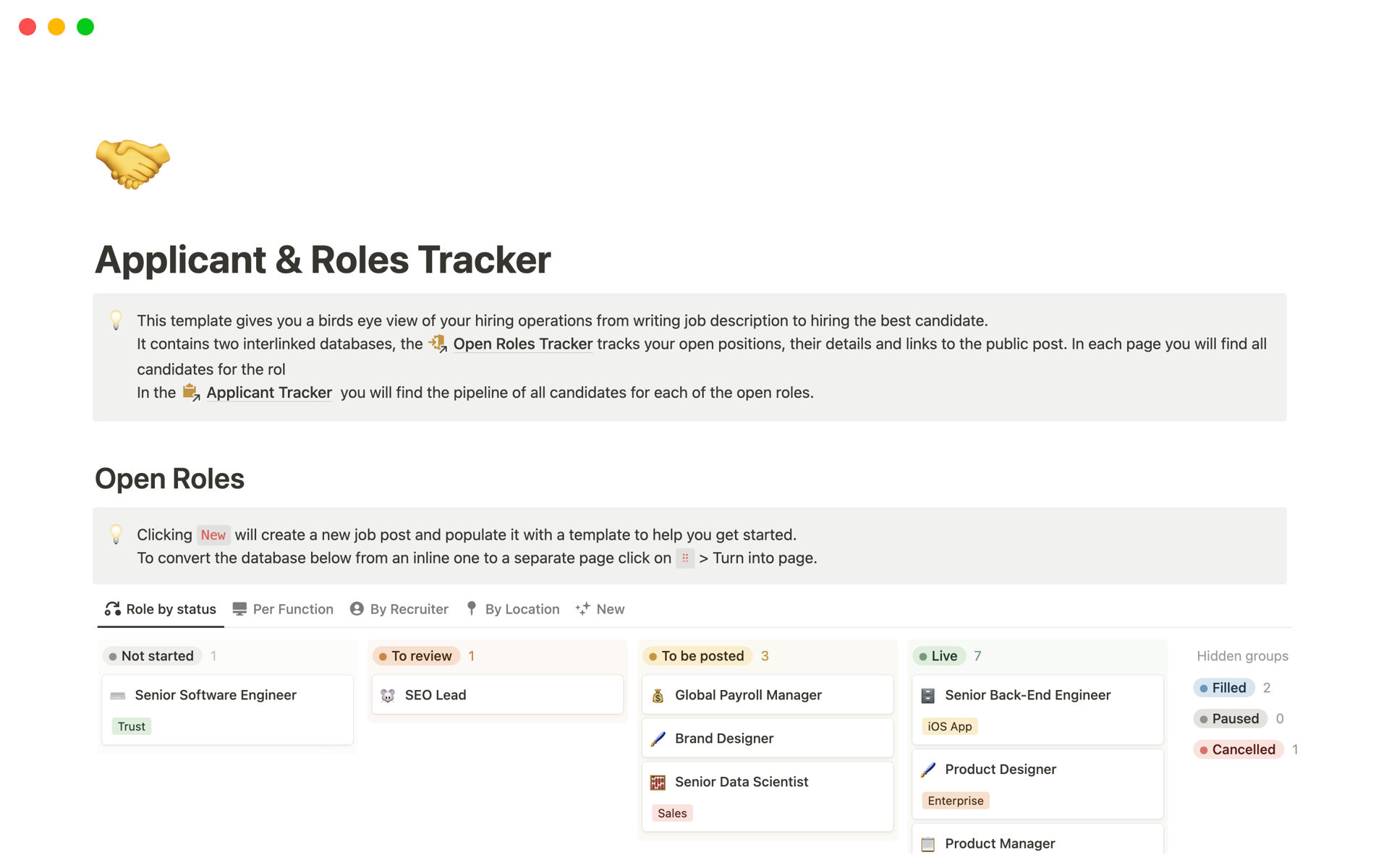 A template preview for Applicant & Roles Tracker