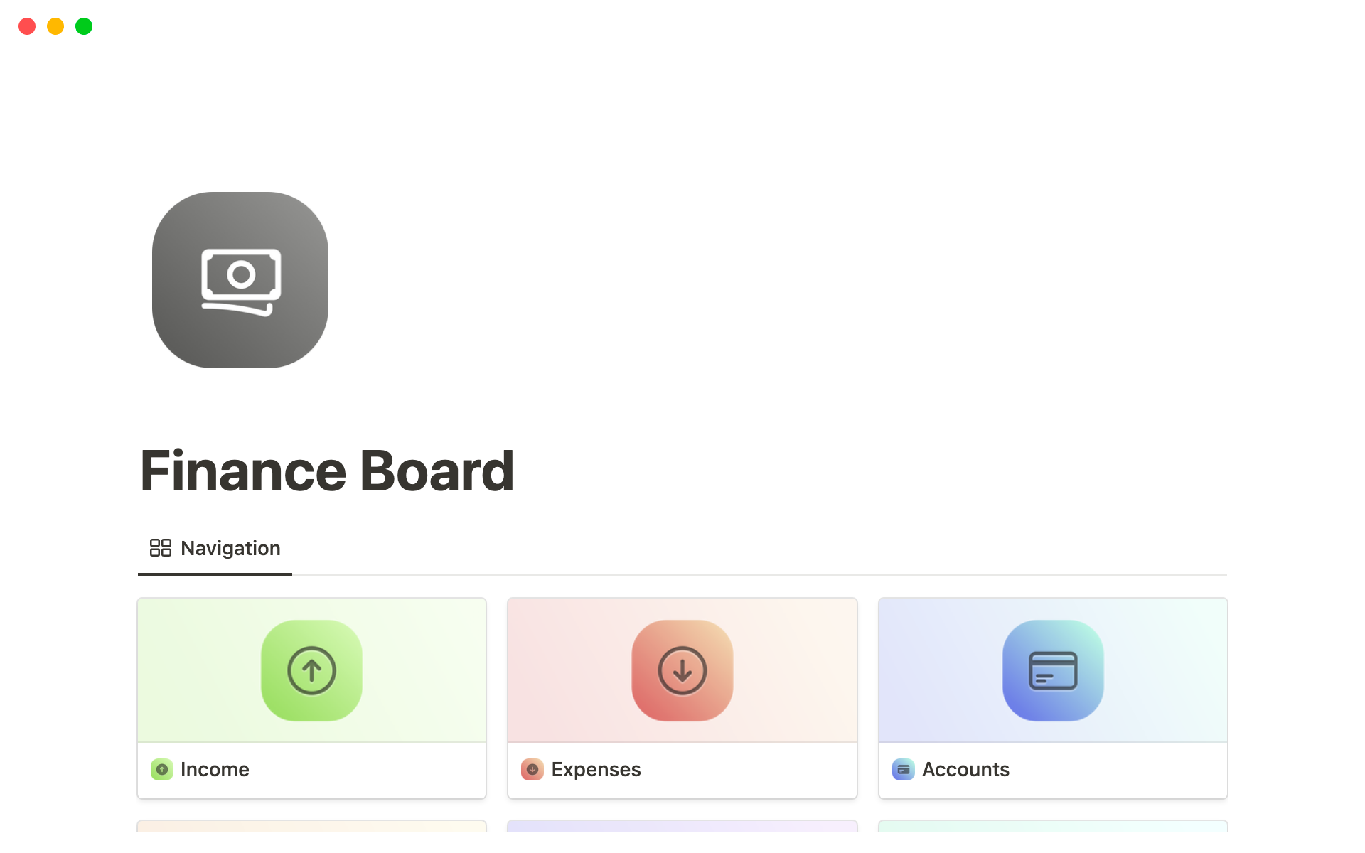 A template preview for Notion Finance Board