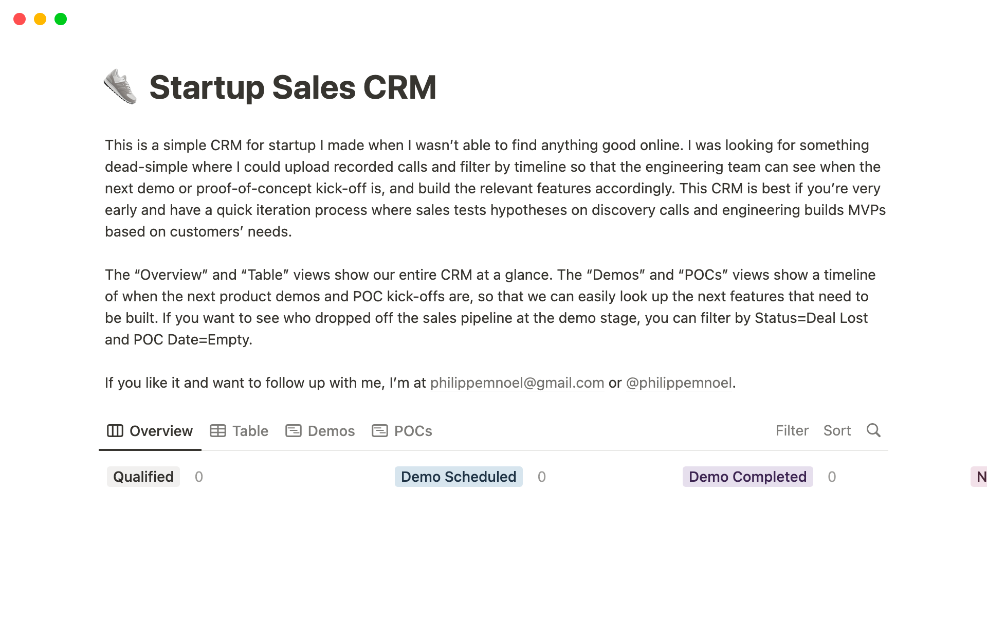 A template preview for Startup Sales CRM