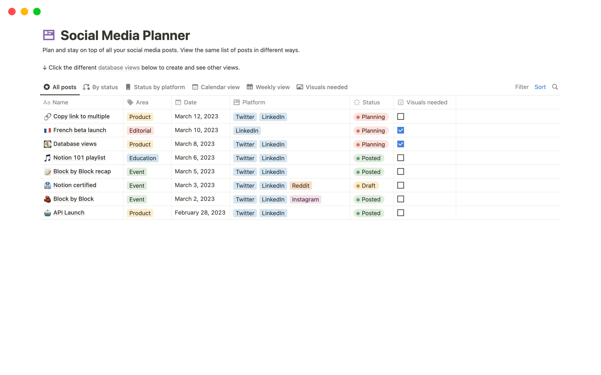 Stay organized and on top of your social media posts with our Social Media Planner template. Easily view and manage your posts in various formats.