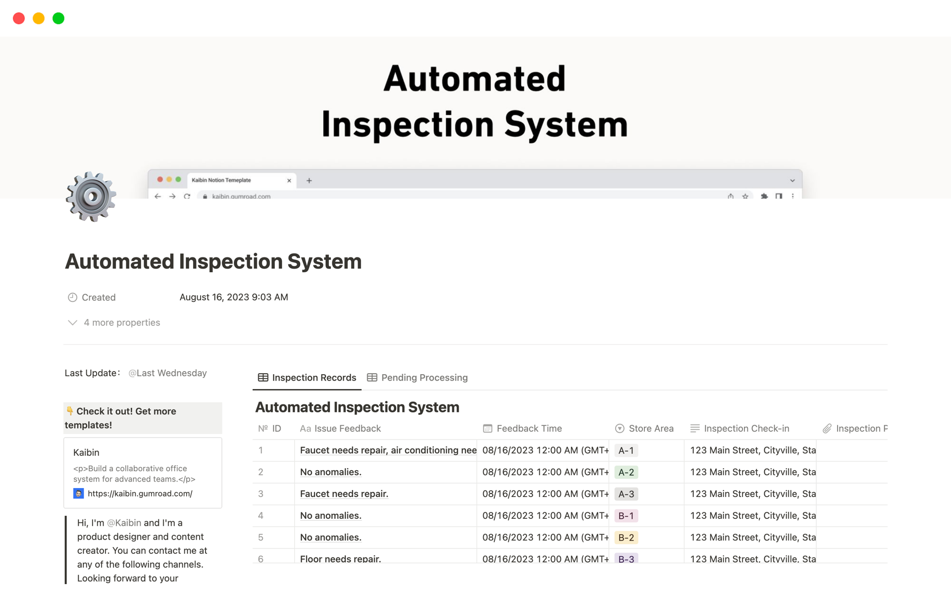 Eine Vorlagenvorschau für Automated Inspection System