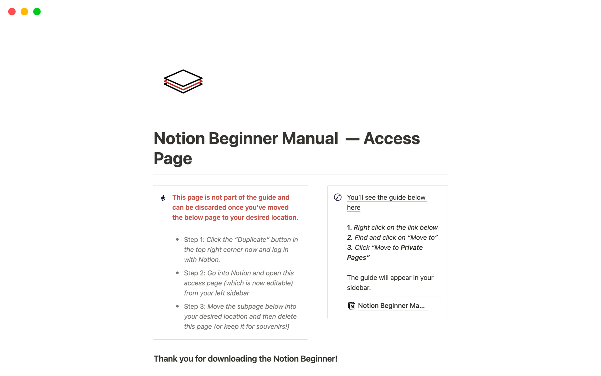 A template preview for Notion Beginner Manual