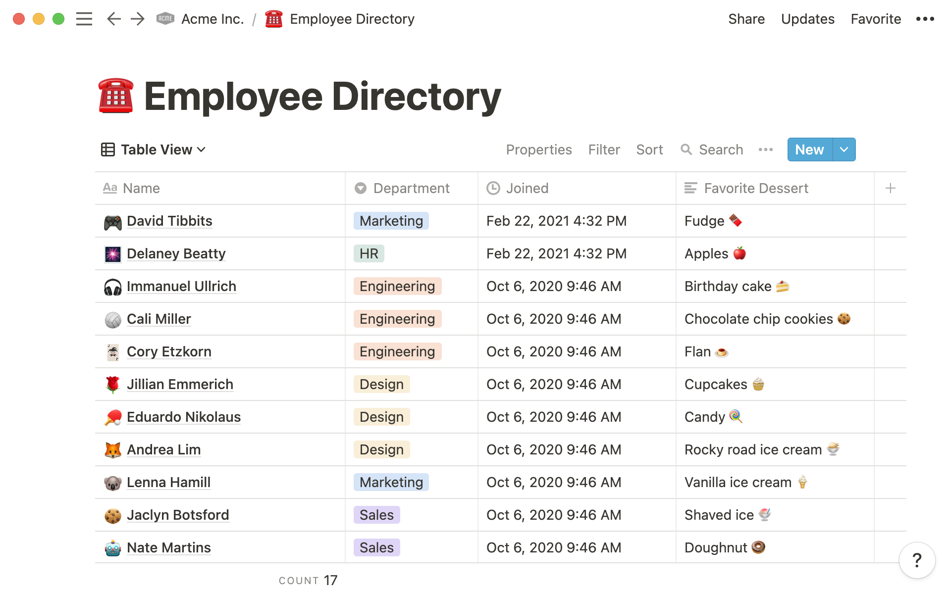 This employee directory uses the Create time property to note when employees joined the company.