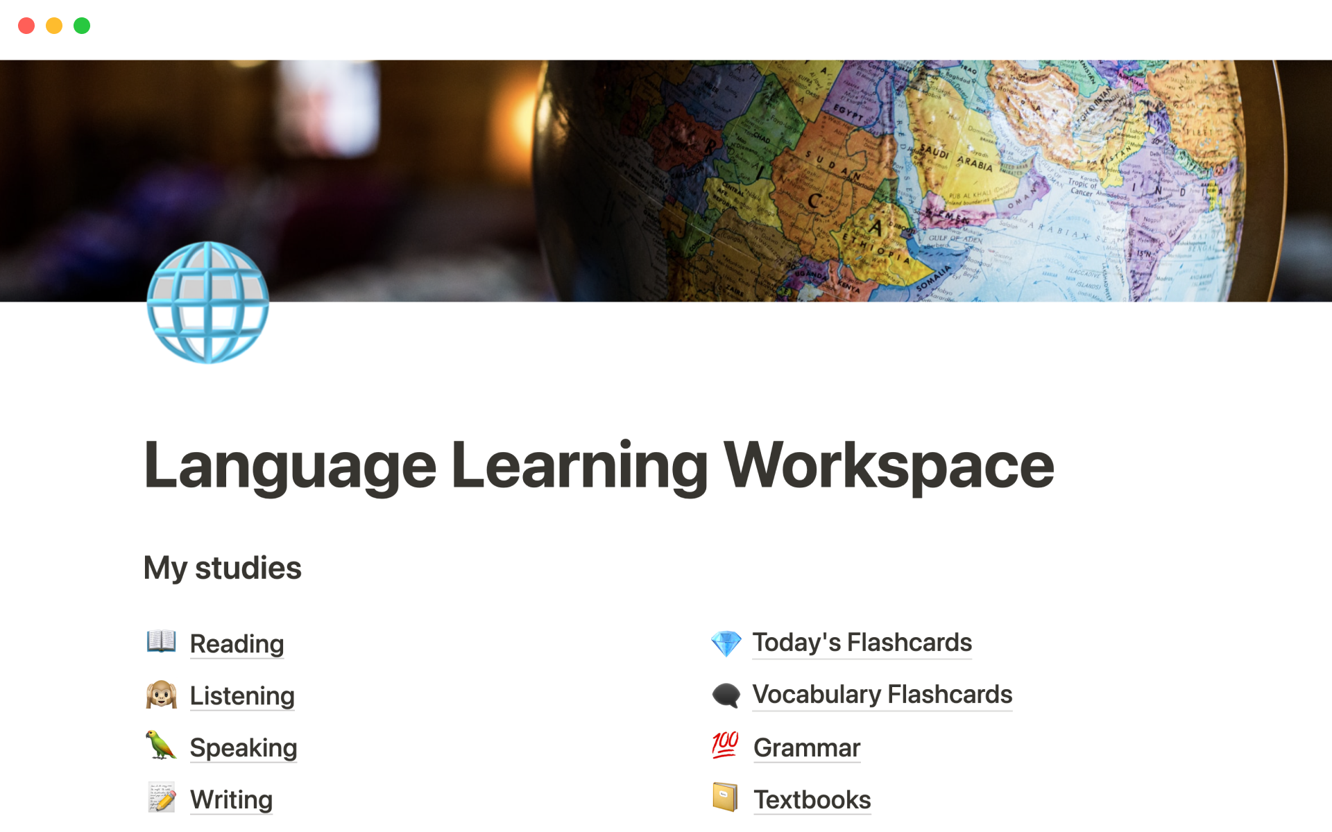 A template preview for Language learning workspace