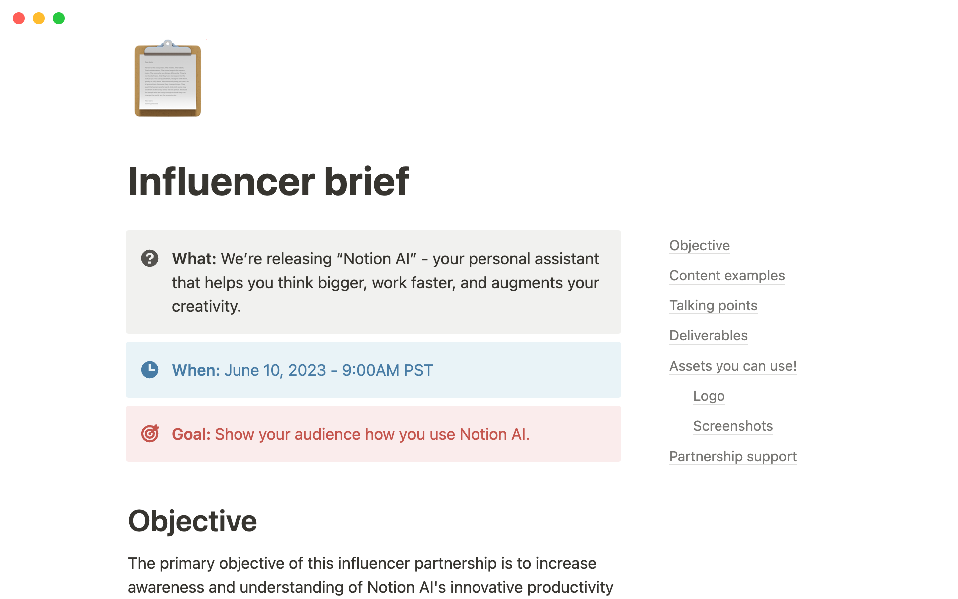 A template preview for Influencer brief