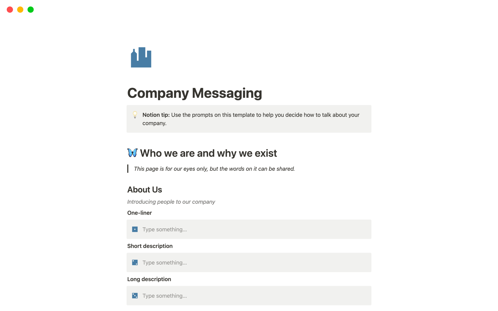 A template preview for Company Messaging