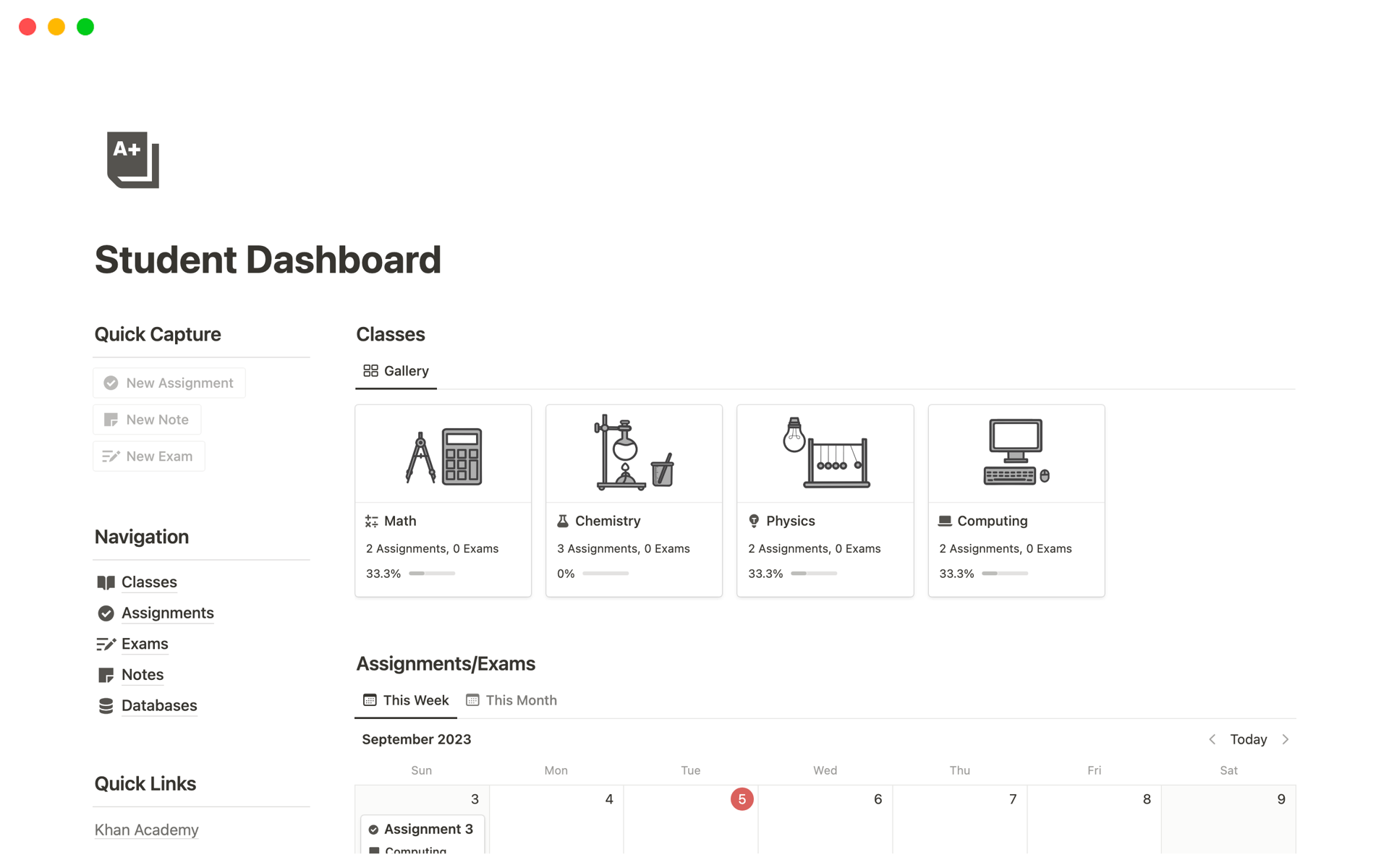 Eine Vorlagenvorschau für Easlo's Student Dashboard