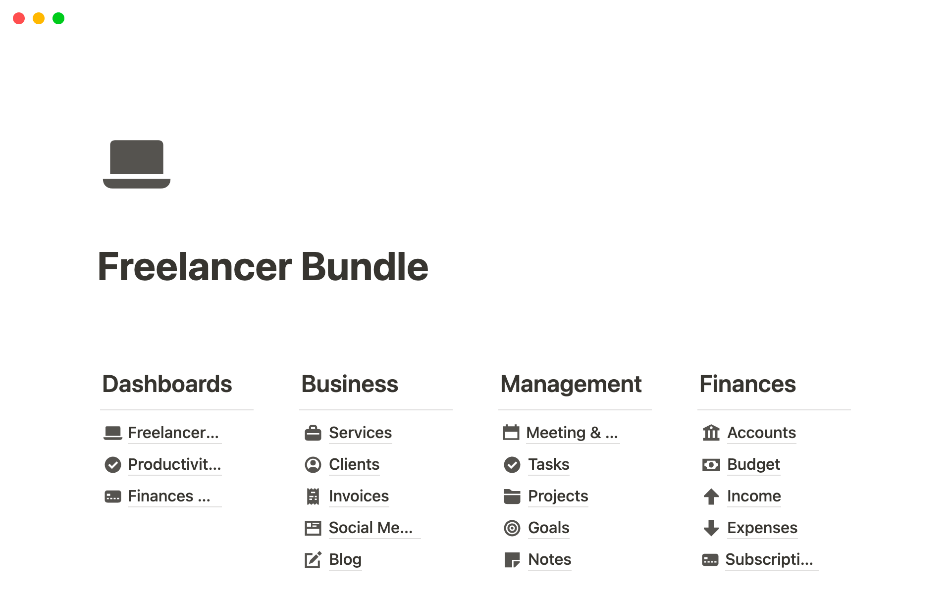 A template preview for Notion Freelancer Bundle