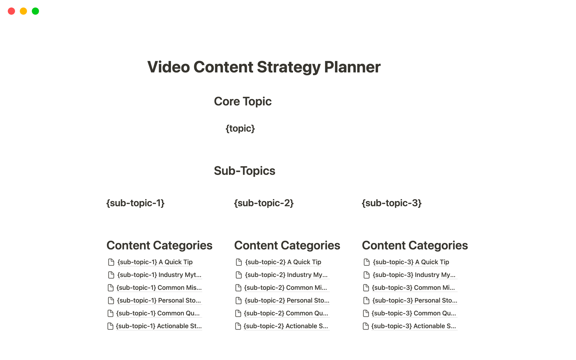 A template preview for Video Content Strategy Planner