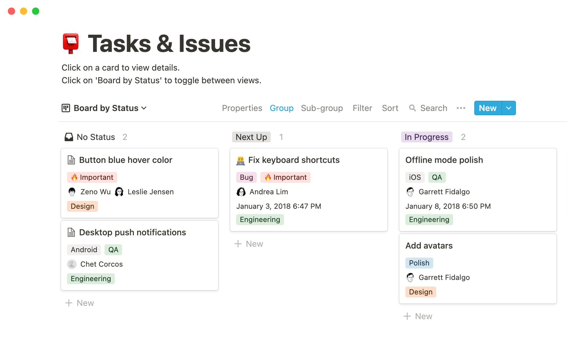 A template preview for Tasks & issues