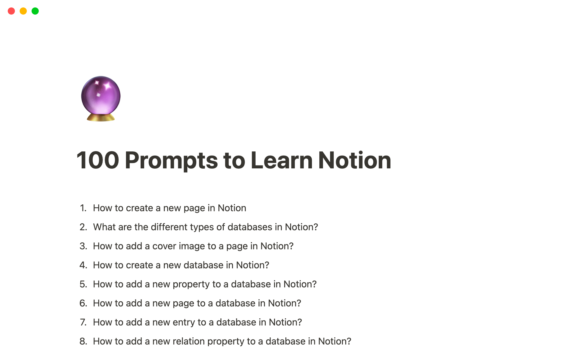 Eine Vorlagenvorschau für 100 Prompts to Learn Notion