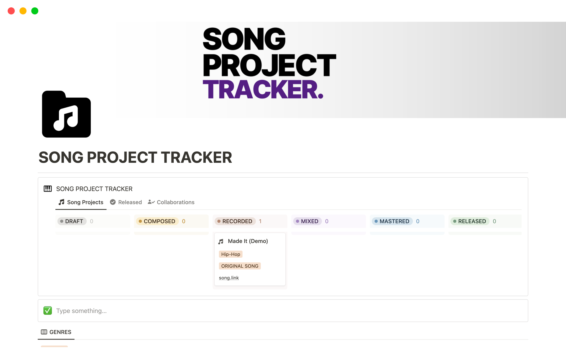 A template preview for Song Project Tracker