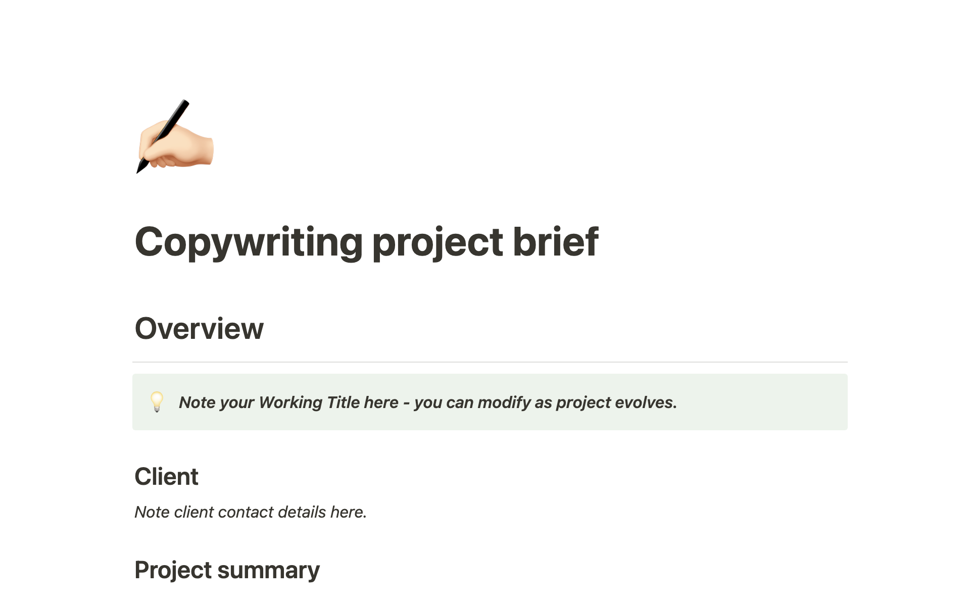 A template preview for Copywriting project brief