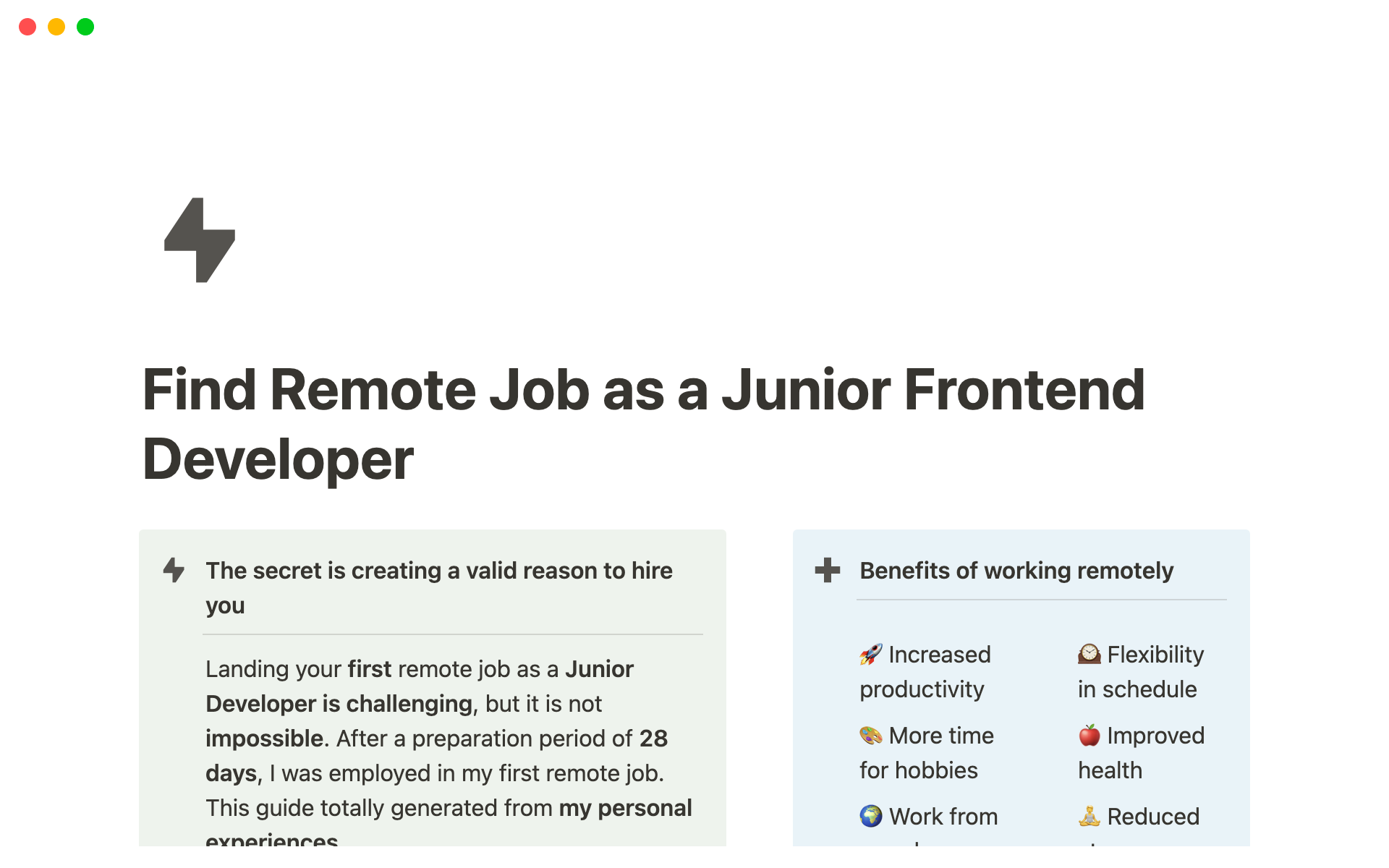 A template preview for Find Remote Job as a Junior Frontend Developer