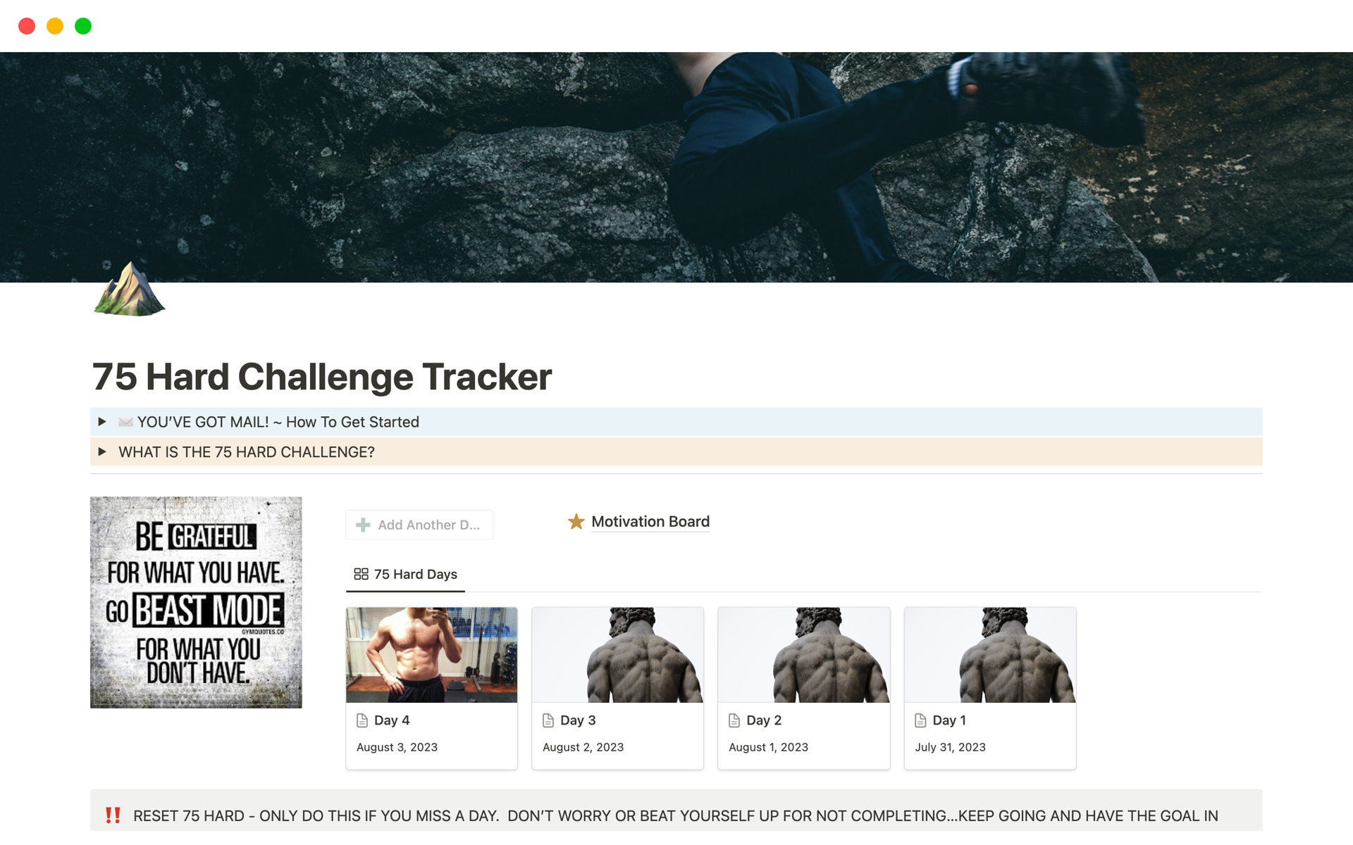 A template preview for 75 Hard Challenge Tracker