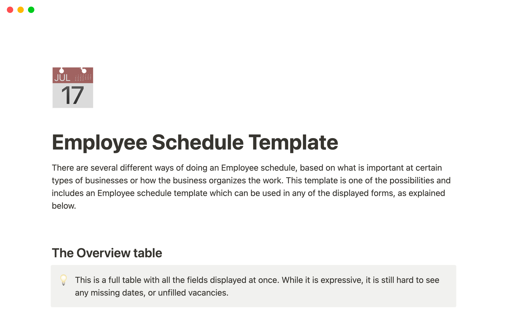Employee scheduleのテンプレートのプレビュー