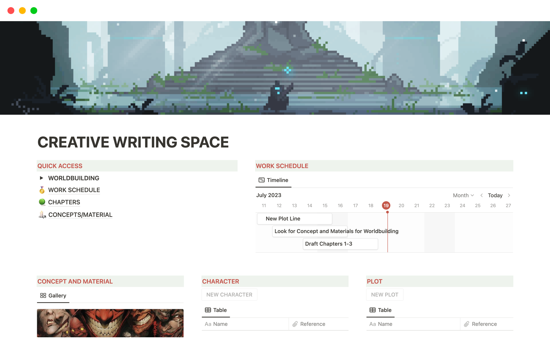 A template preview for Creative writing space