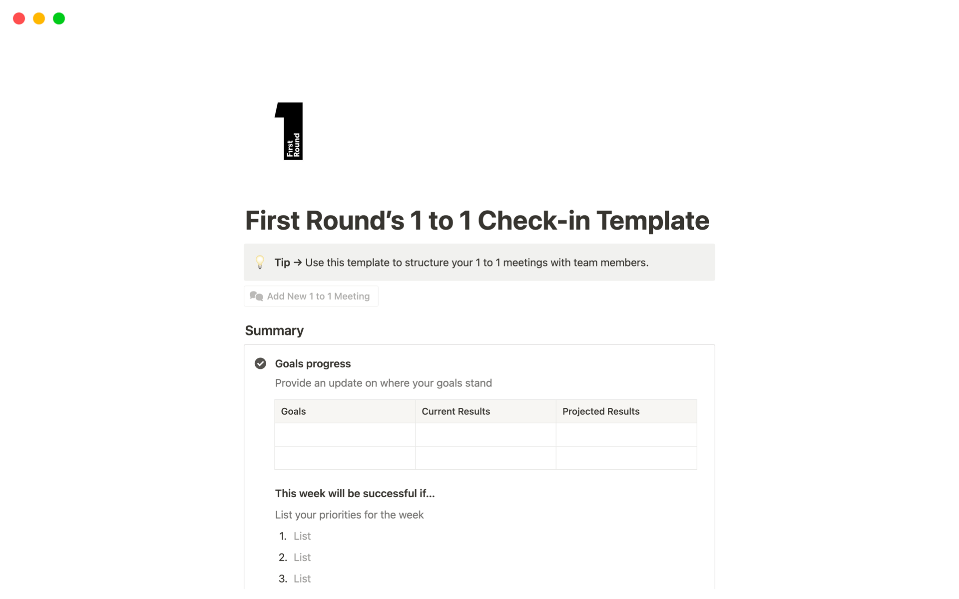 A template preview for 1 to 1 Check-in