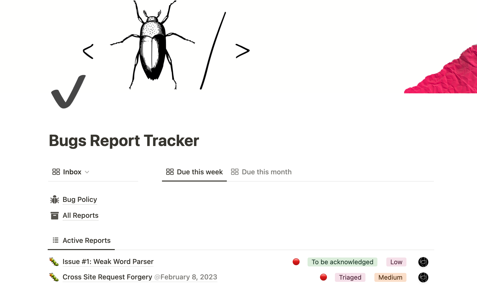A template preview for Bug Report Tracker
