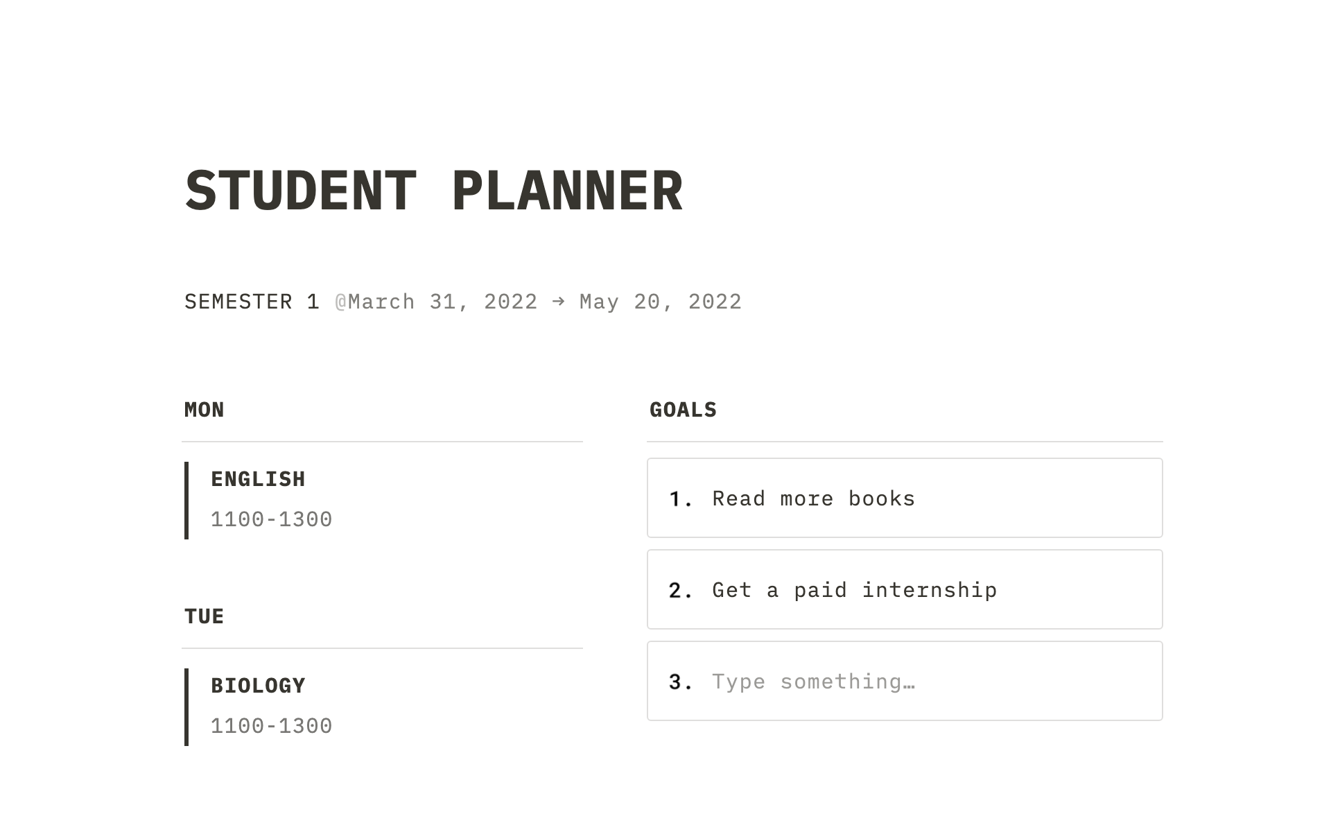 Eine Vorlagenvorschau für Student Planner