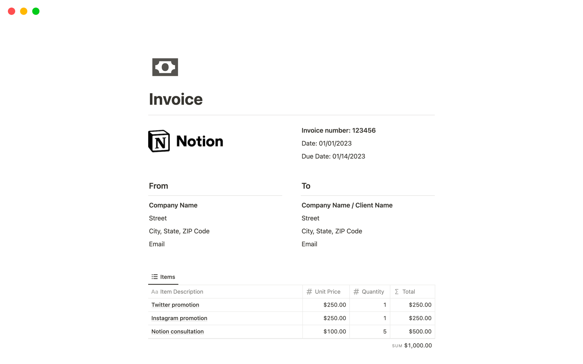 A template preview for Invoice
