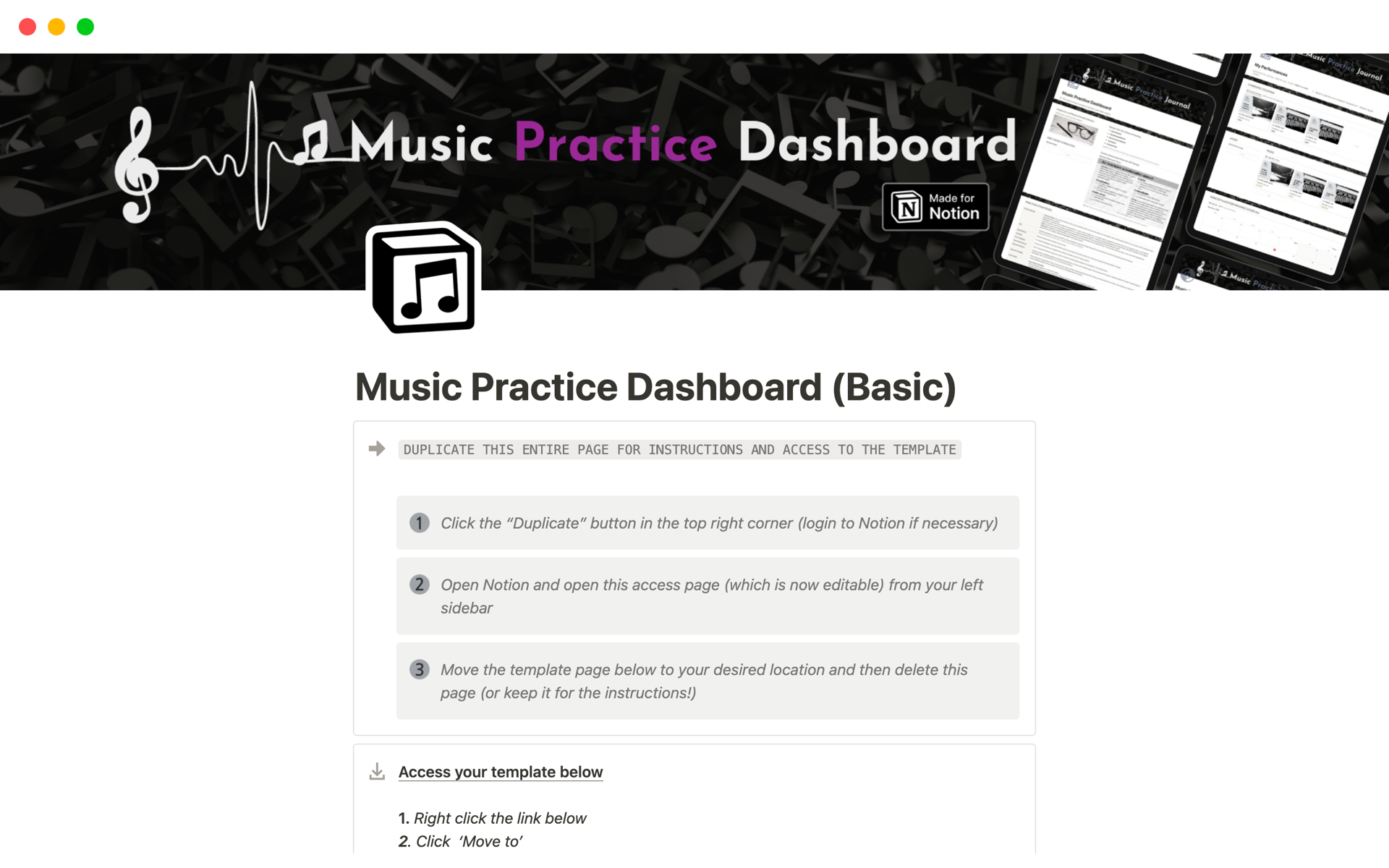 A template preview for Music Practice Dashboard