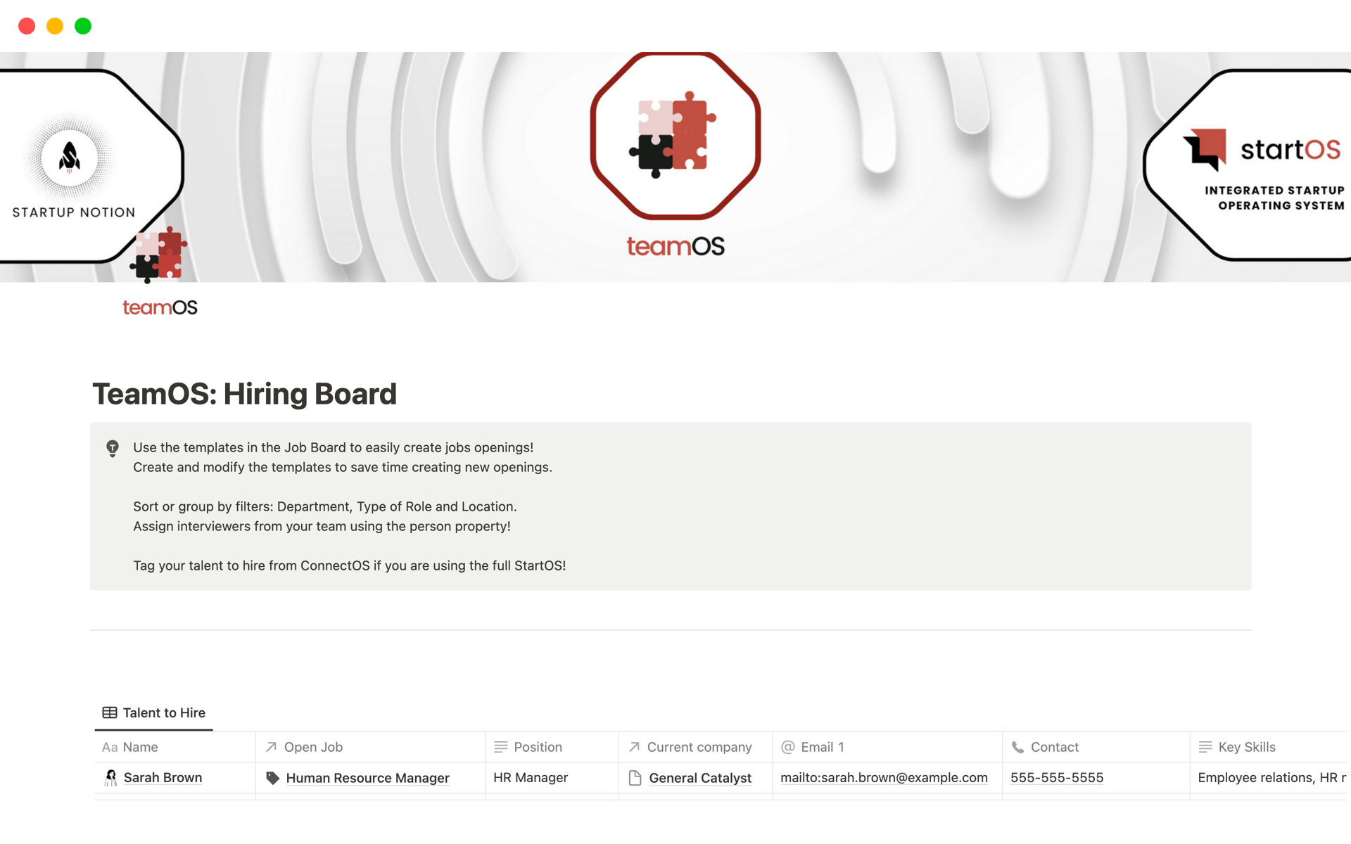 A template preview for TeamOS: Hiring Board