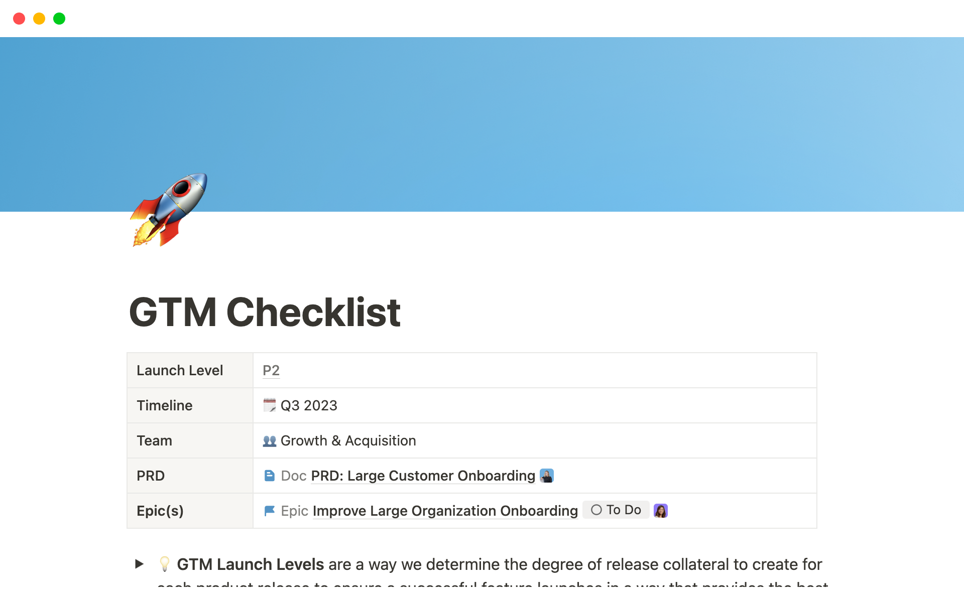 A template preview for GTM Launch Checklist