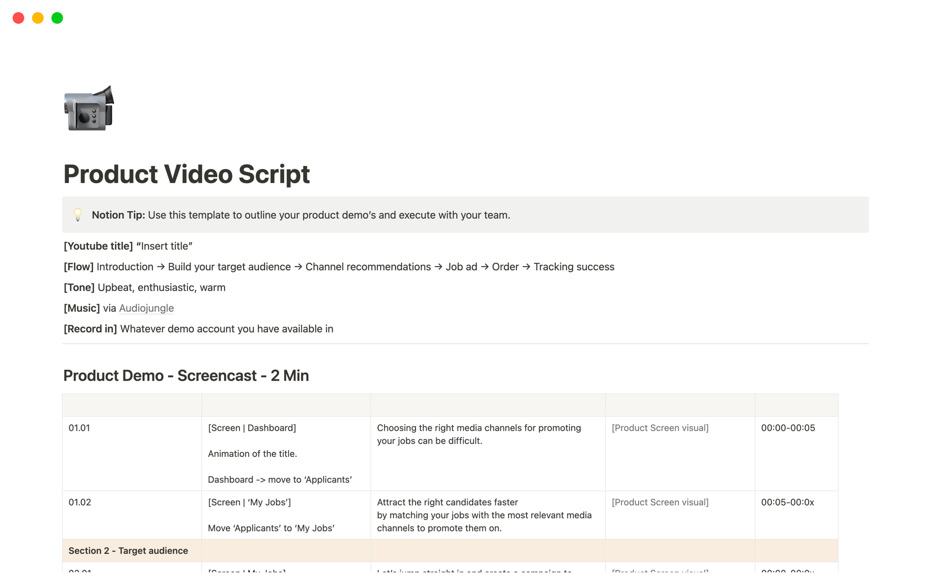 A template preview for Product Demo Video Script