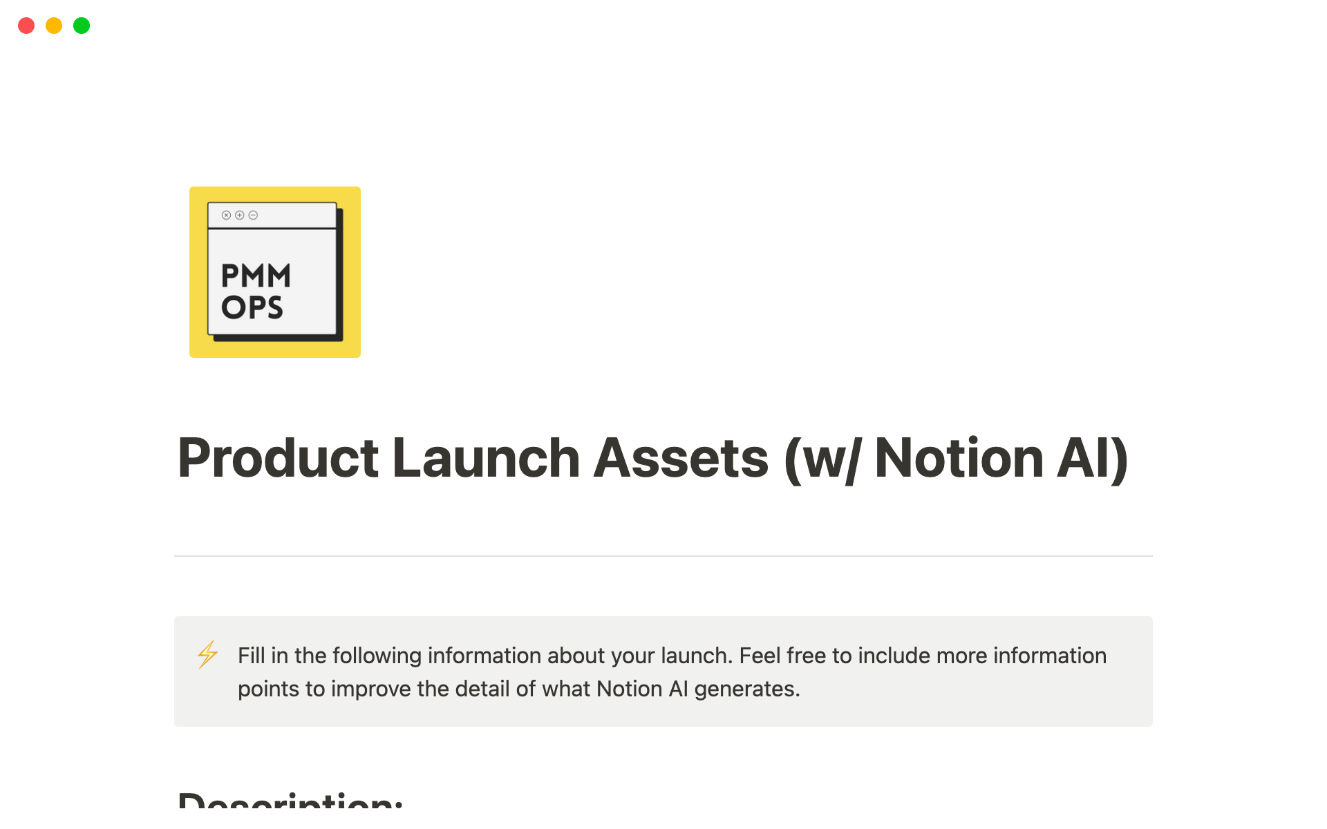 A template preview for Product Launch Assets (w/ Notion AI)
