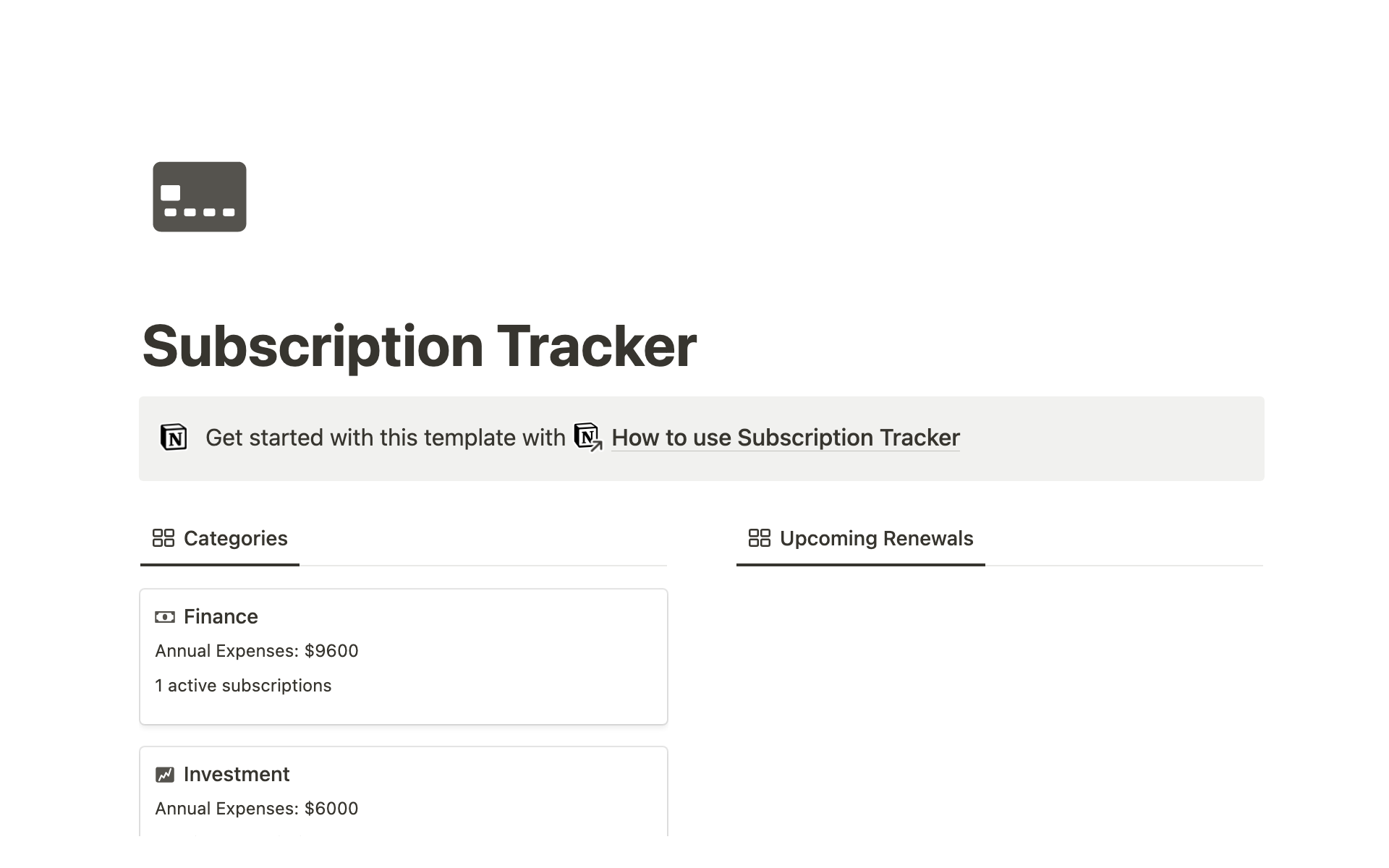 A simple Notion dashboard to help you track and manage your subscriptions