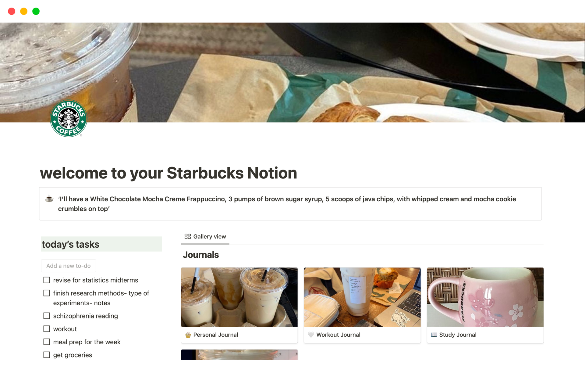 A template preview for Aesthetic Starbucks Notion
