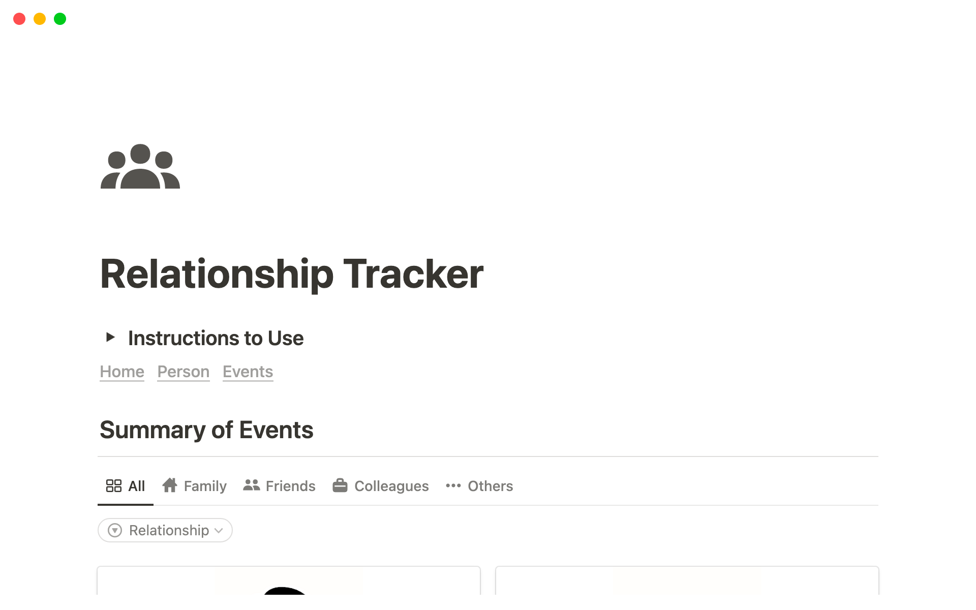 A template preview for Notion Relationship Tracker