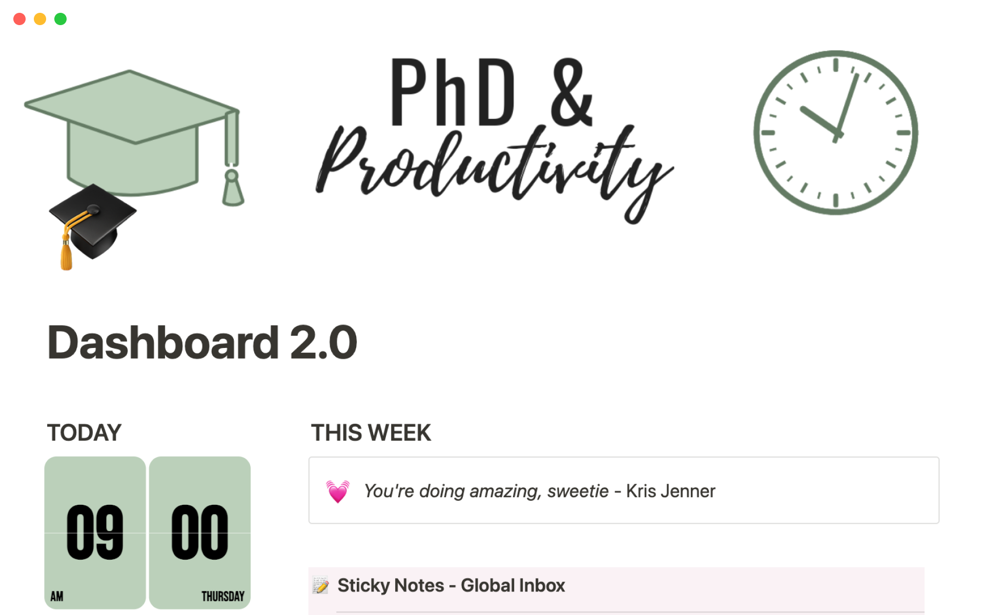 A full dashboard for PhD students to organise thesis notes, meeting notes, research diary, set goals, manage projects and tasks.