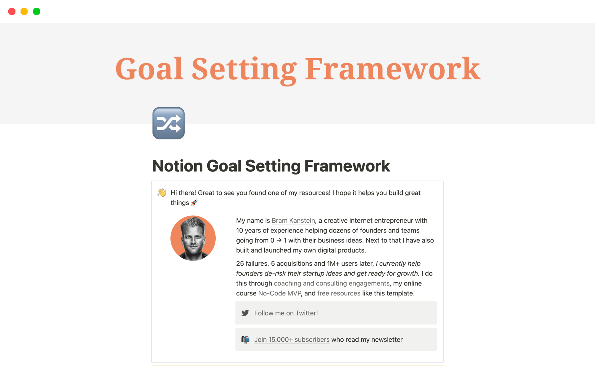 A template preview for Goal Setting Framework