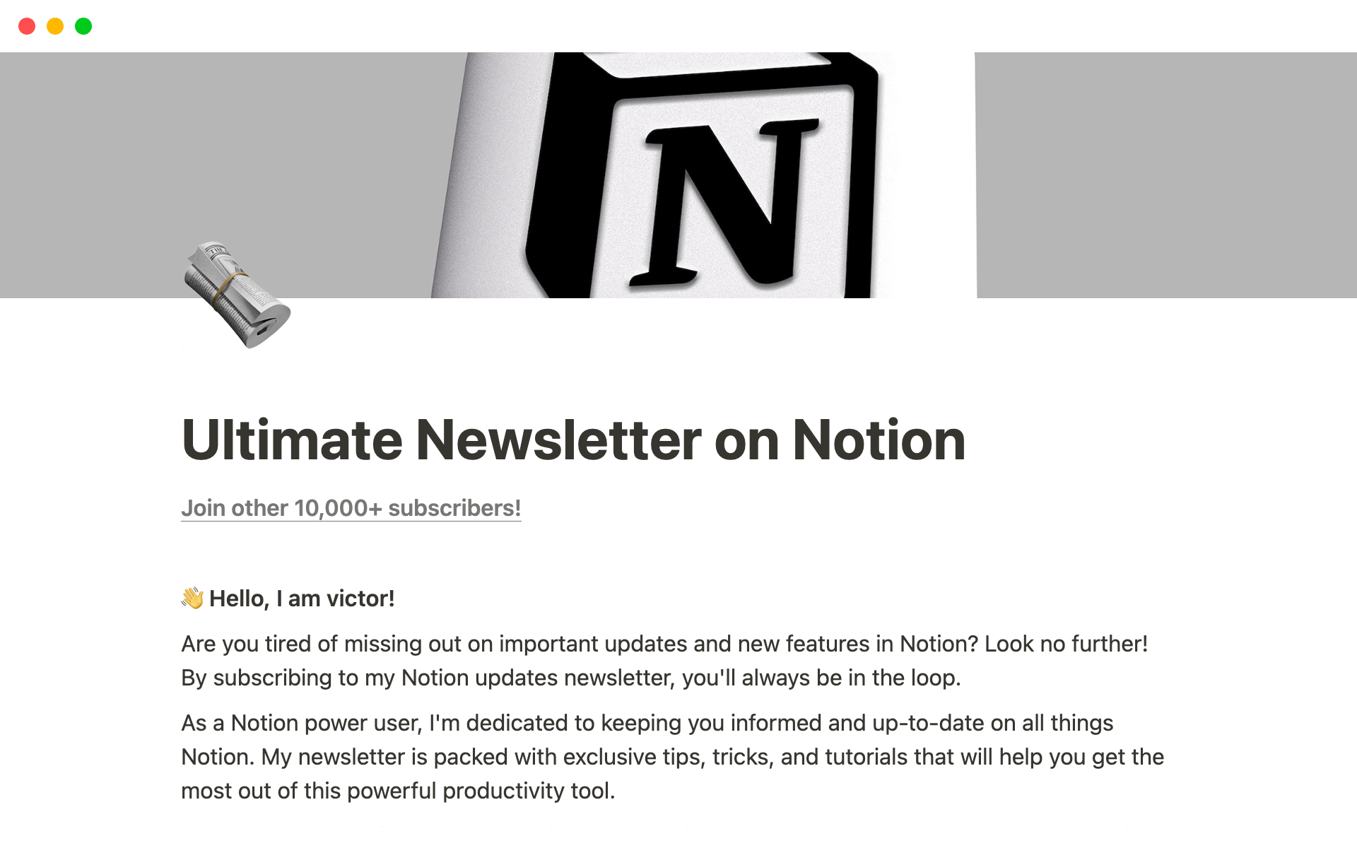 A template preview for Ultimate Newsletter on Notion