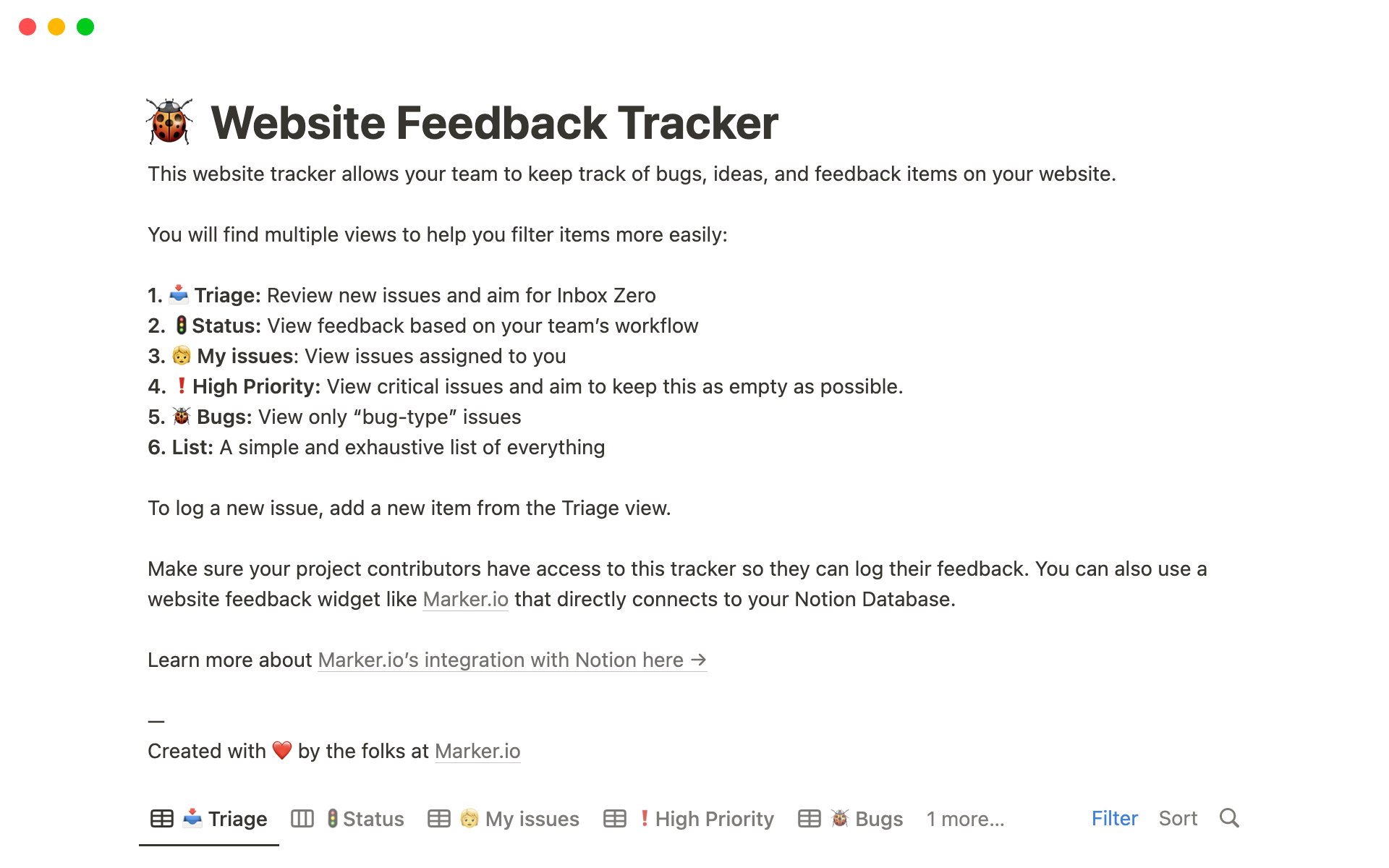 A template preview for Website Feedback Tracker
