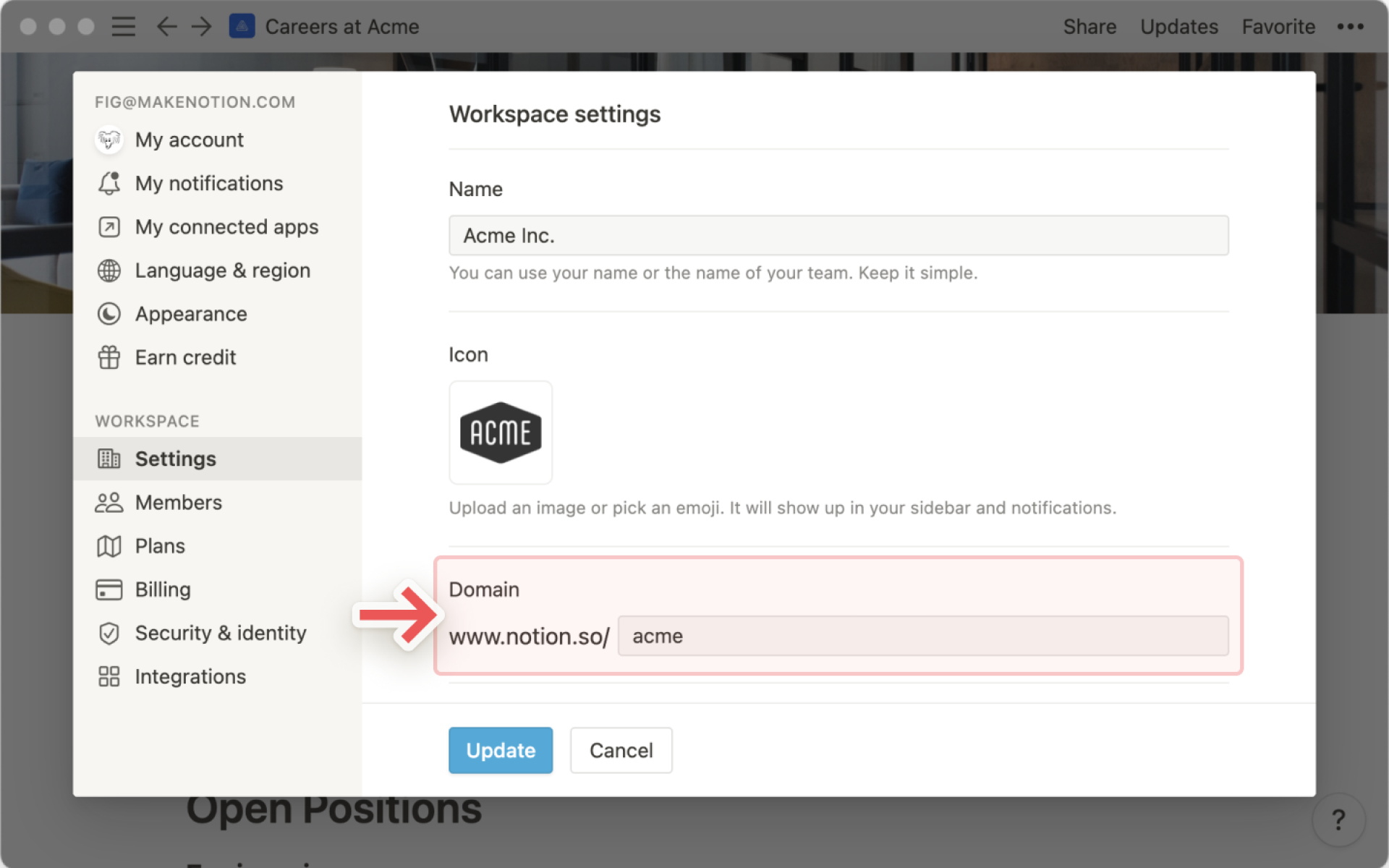 Workspace settings - custom domain