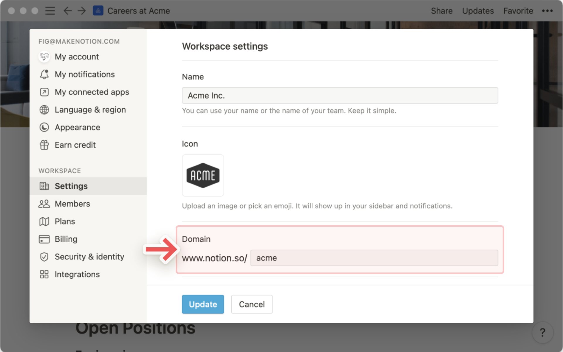 Configurações do espaço de trabalho - domínio personalizado